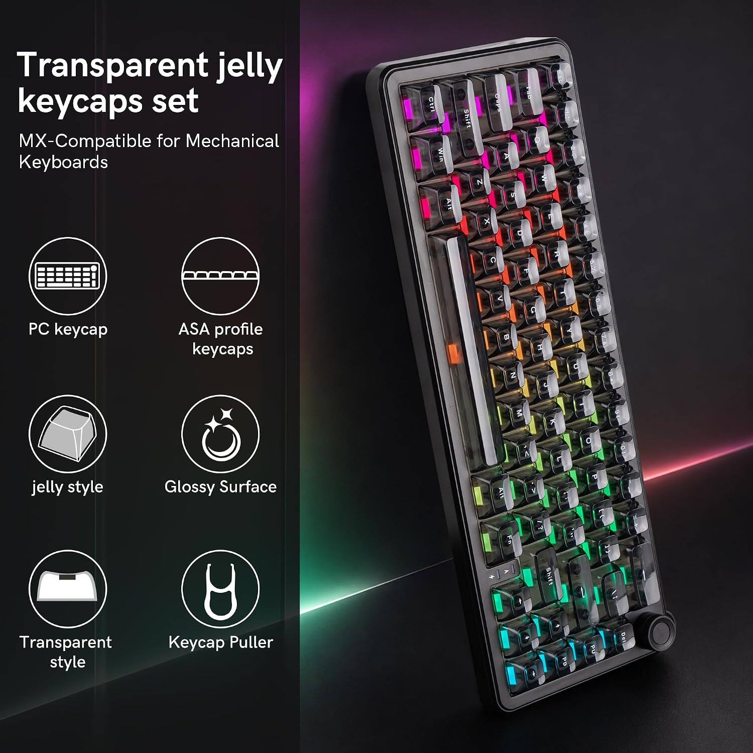 Transparent jelly keycaps set MX-Compatible for Mechanical Keyboards

- PC keycap
- ASA profile keycaps
- jelly style
- Glossy Surface
- Transparent style
- Keycap Puller