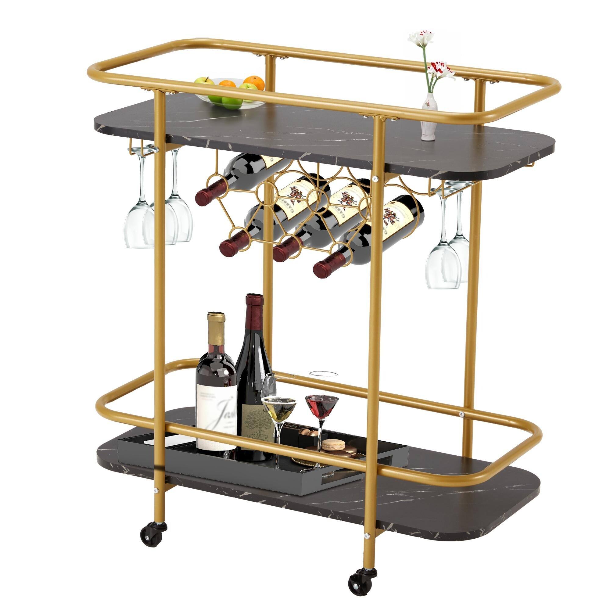 Alt View 6. U-HOMY - Gold Bar Cart with Black Marble Base, Rolling Liquor Cart with Wine Rack & Glass Holder, 27.6" Wide - Gold.