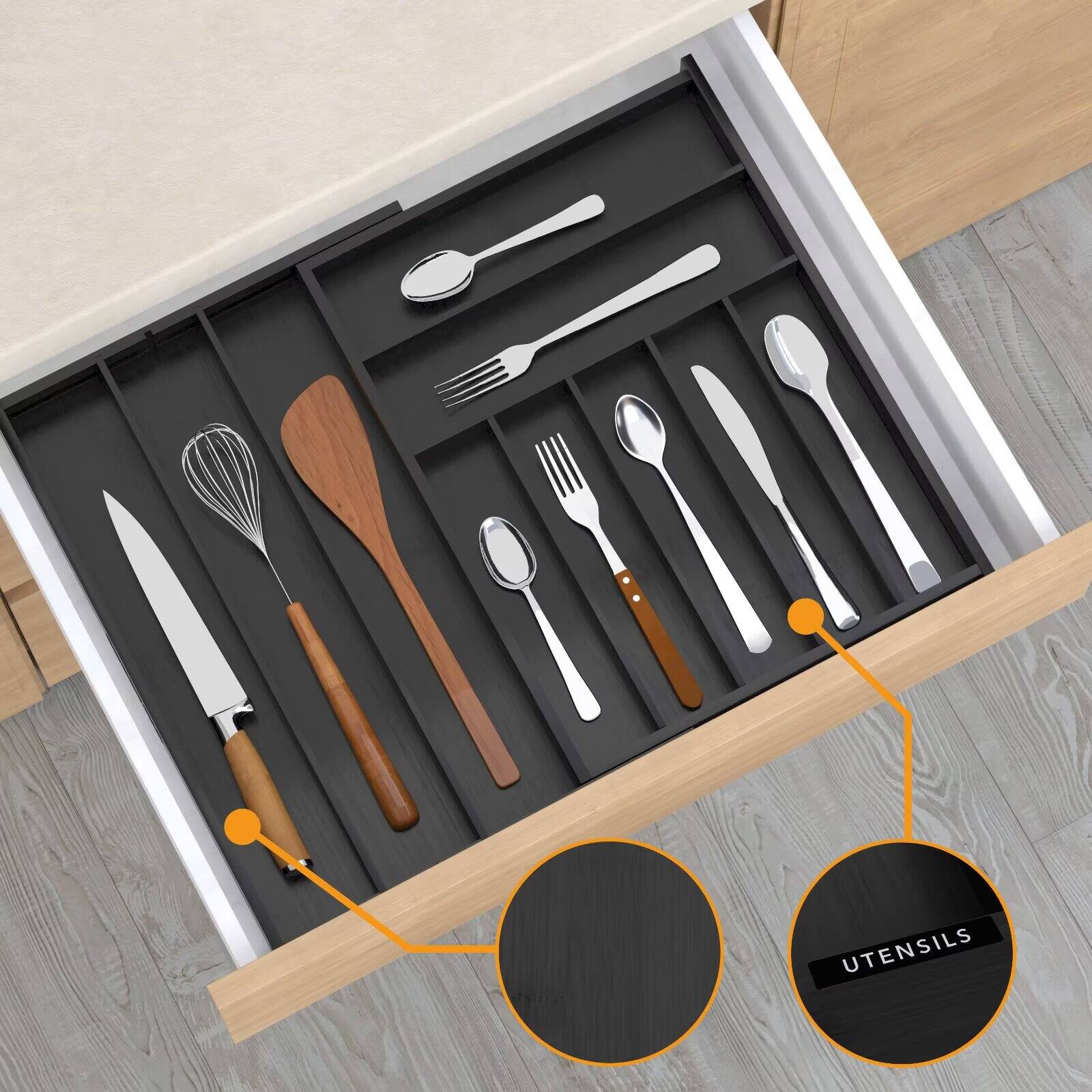 Alt View 1. Tooloton - Bamboo Drawer Organizer, Expandable Utensil Tray with 10 Slots for Flatware, Cutlery, Spoons and Knives, Black Finish - Black.