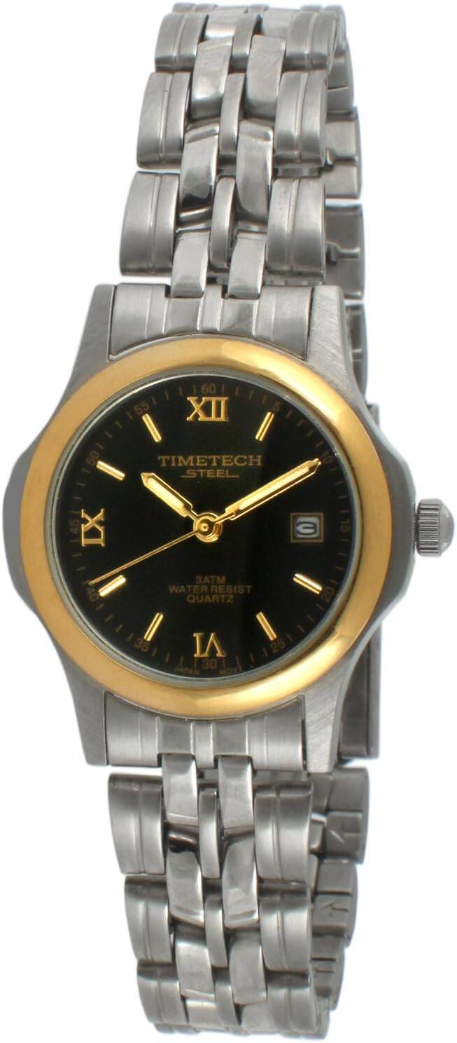 Timetech - Womens Two-Tone Water Resistant Bracelet Watch with Roman Numerlas and Date Window - Silver