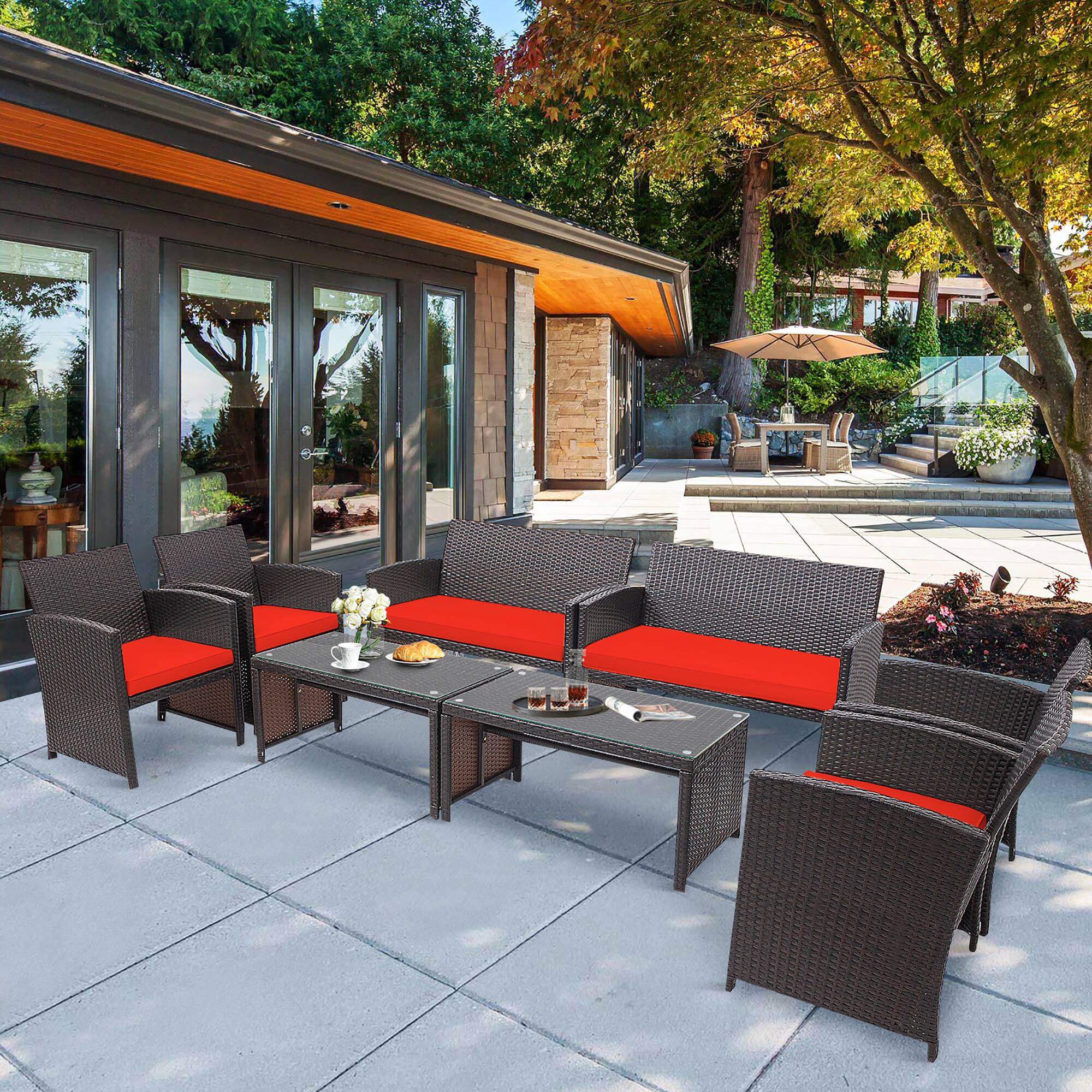 Alt View 1. Costway - Costway 8PCS Patio Rattan Furniture Set Cushioned Chair Sofa Coffee Table - Red.