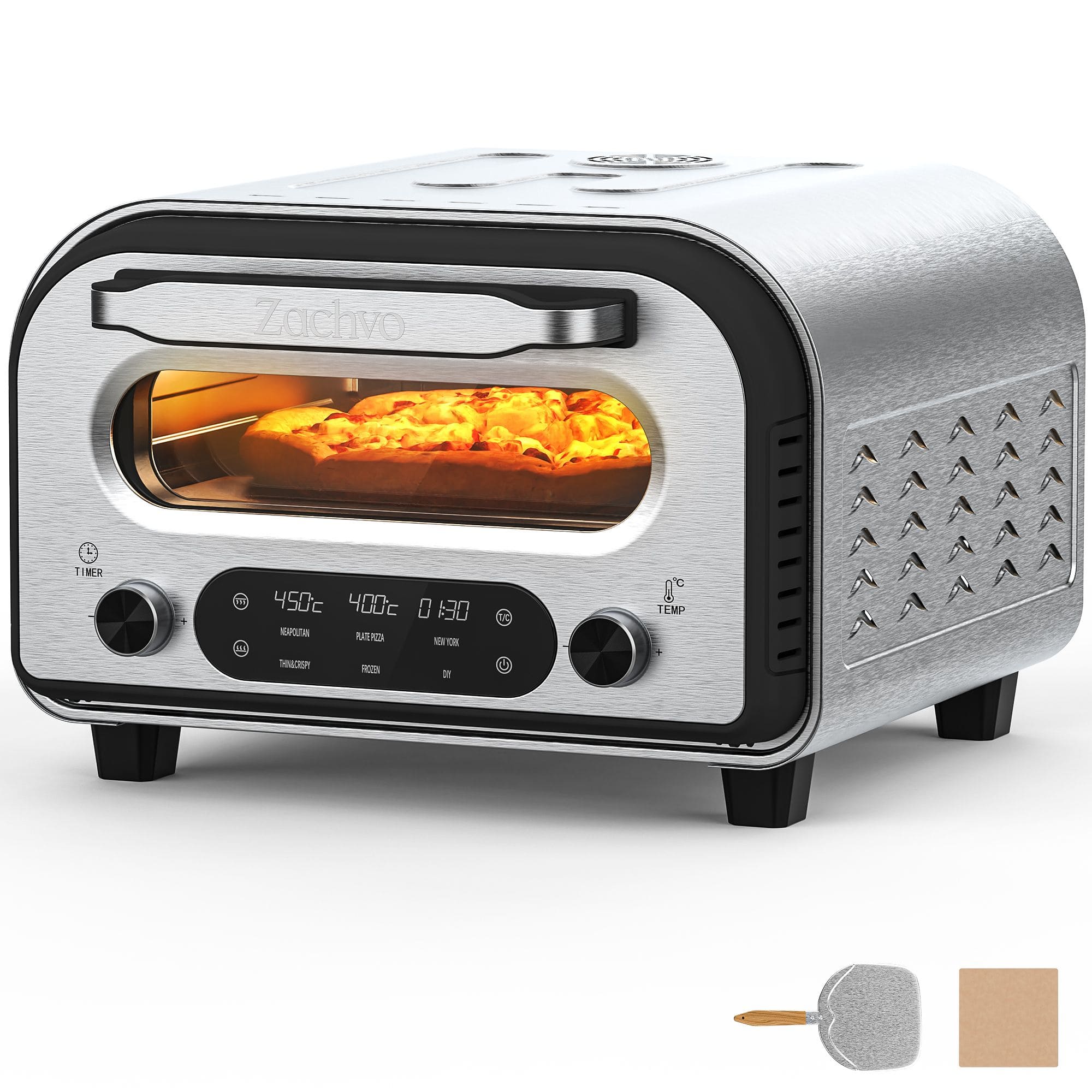 ZACHVO - Electric Pizza Oven – 450°C, 5 Presets, 1-60 Min Timer, Touch & Dial, Stone, Peel, Recipe Book - Silver