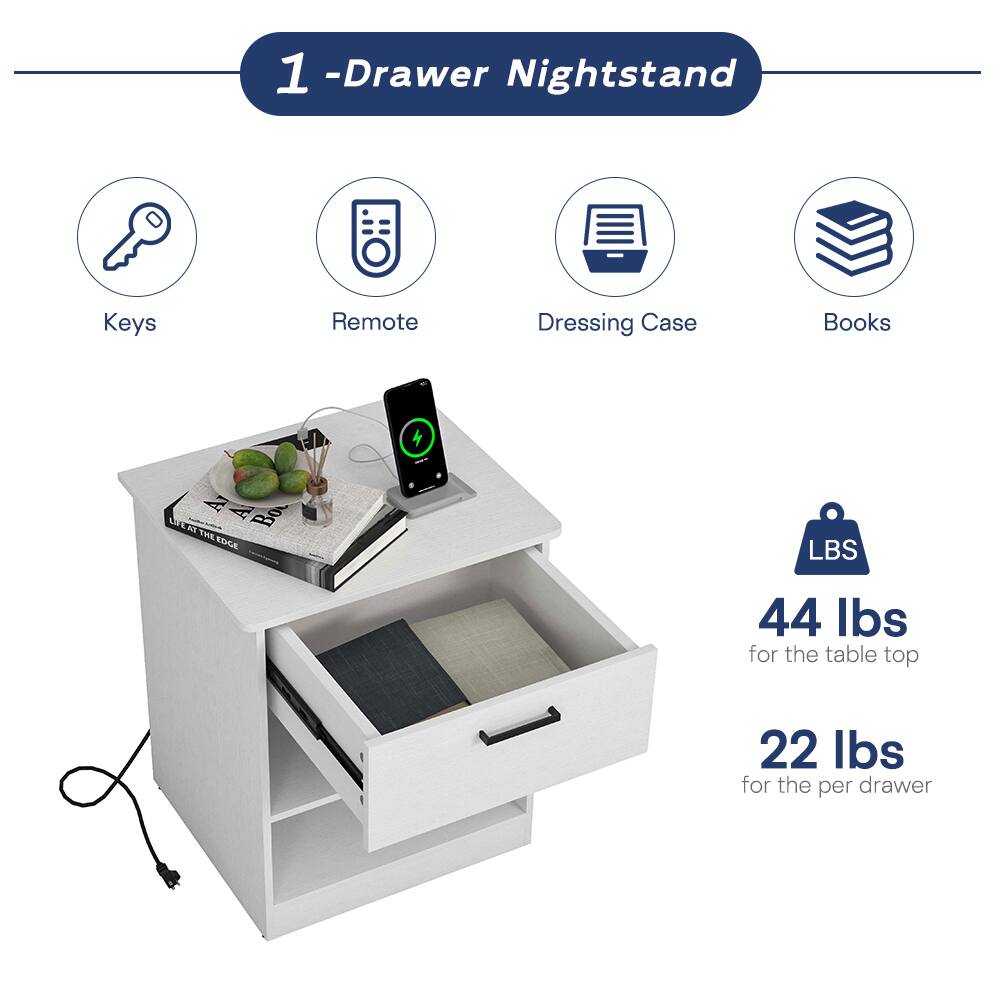 1-Drawer Nightstand

Keys
Remote
Dressing Case
Books

44 lbs for the table top
22 lbs for the per drawer
