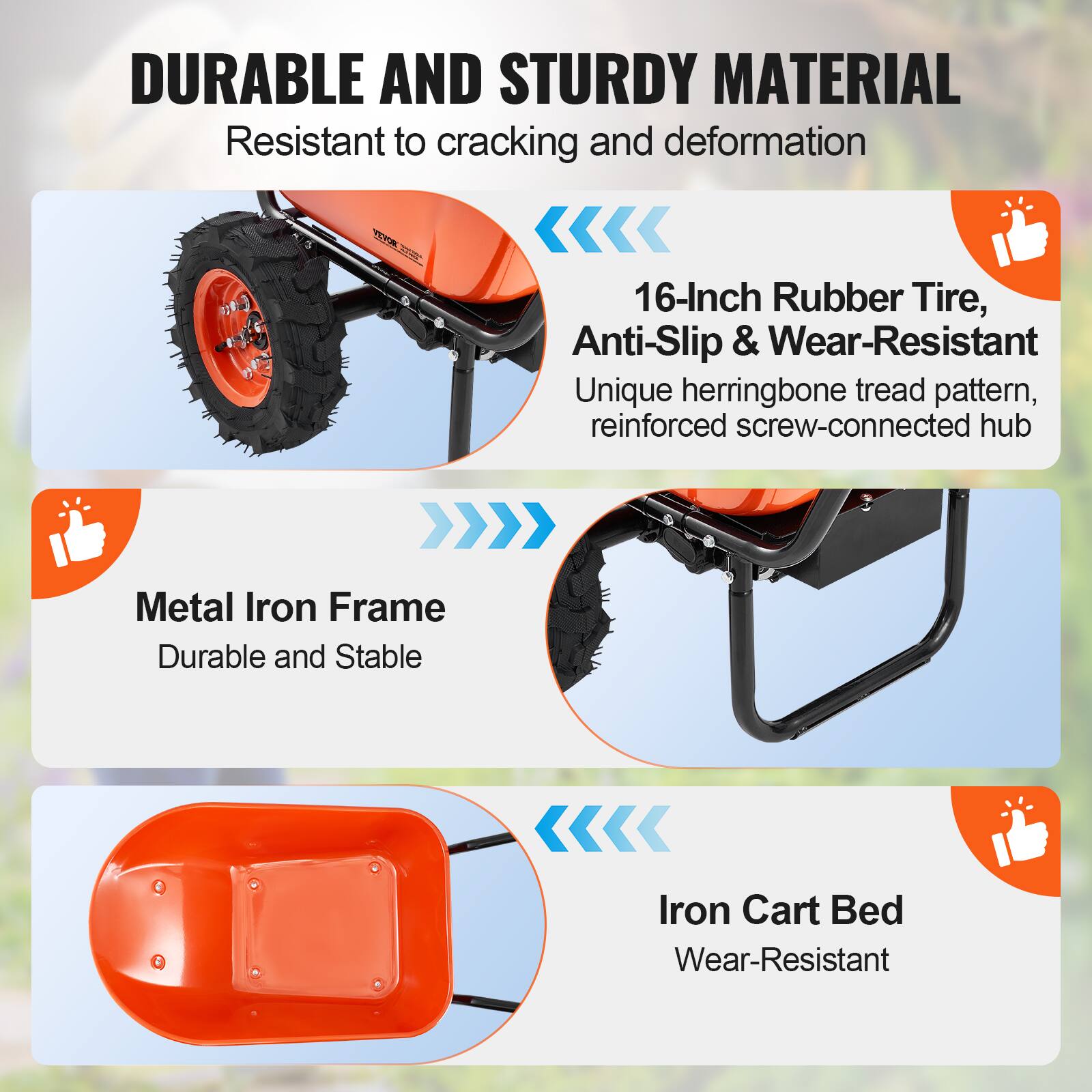 DURABLE AND STURDY MATERIAL  
Resistant to cracking and deformation  

16-Inch Rubber Tire, Anti-Slip & Wear-Resistant  
Unique herringbone tread pattern, reinforced screw-connected hub  

Metal Iron Frame  
Durable and Stable  

Iron Cart Bed  
Wear-Resistant