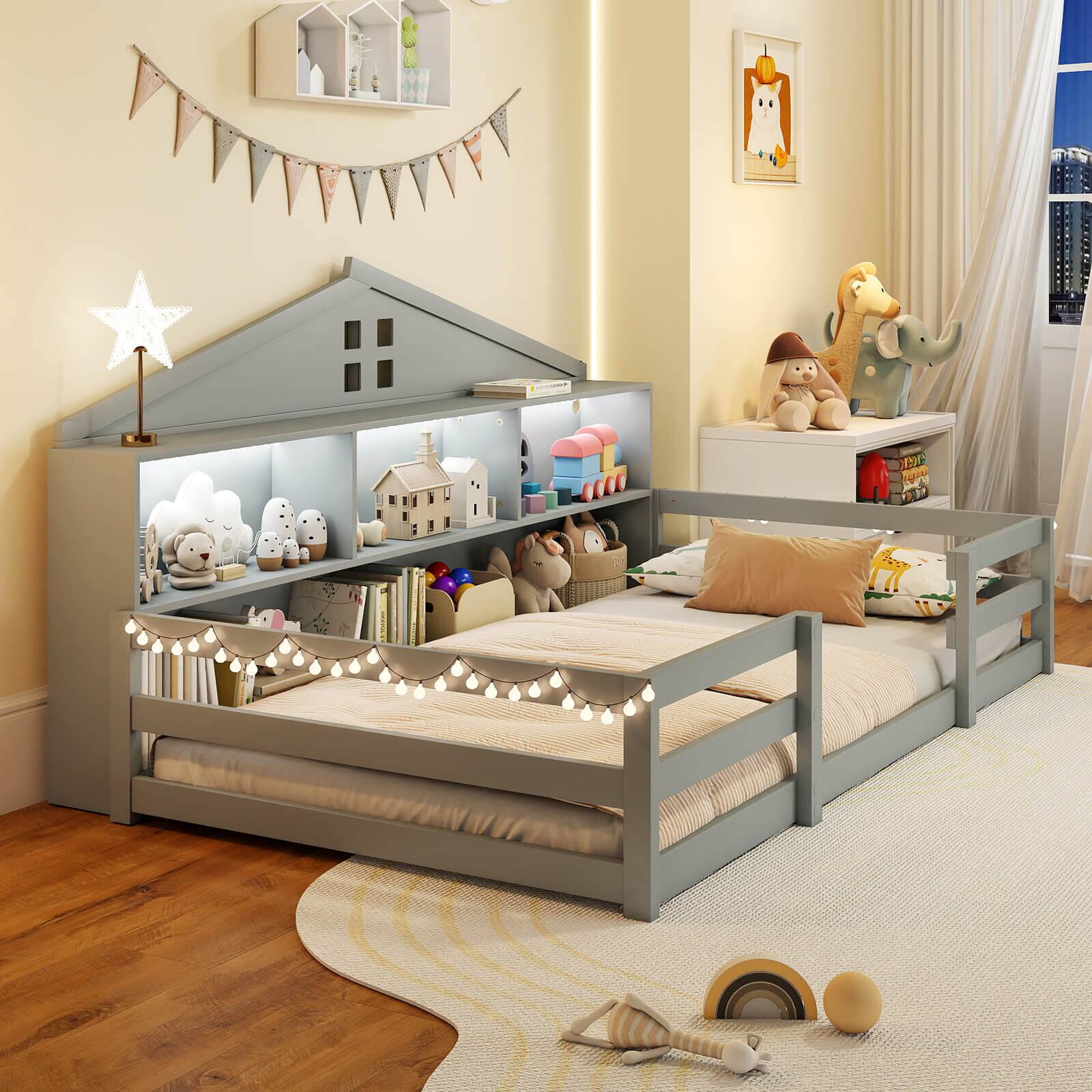 Alt View 4. Costway - Costway Twin Size Montessori Floor Bed with LED Lights Safety Guardrails Compartments Shelf - Gray.