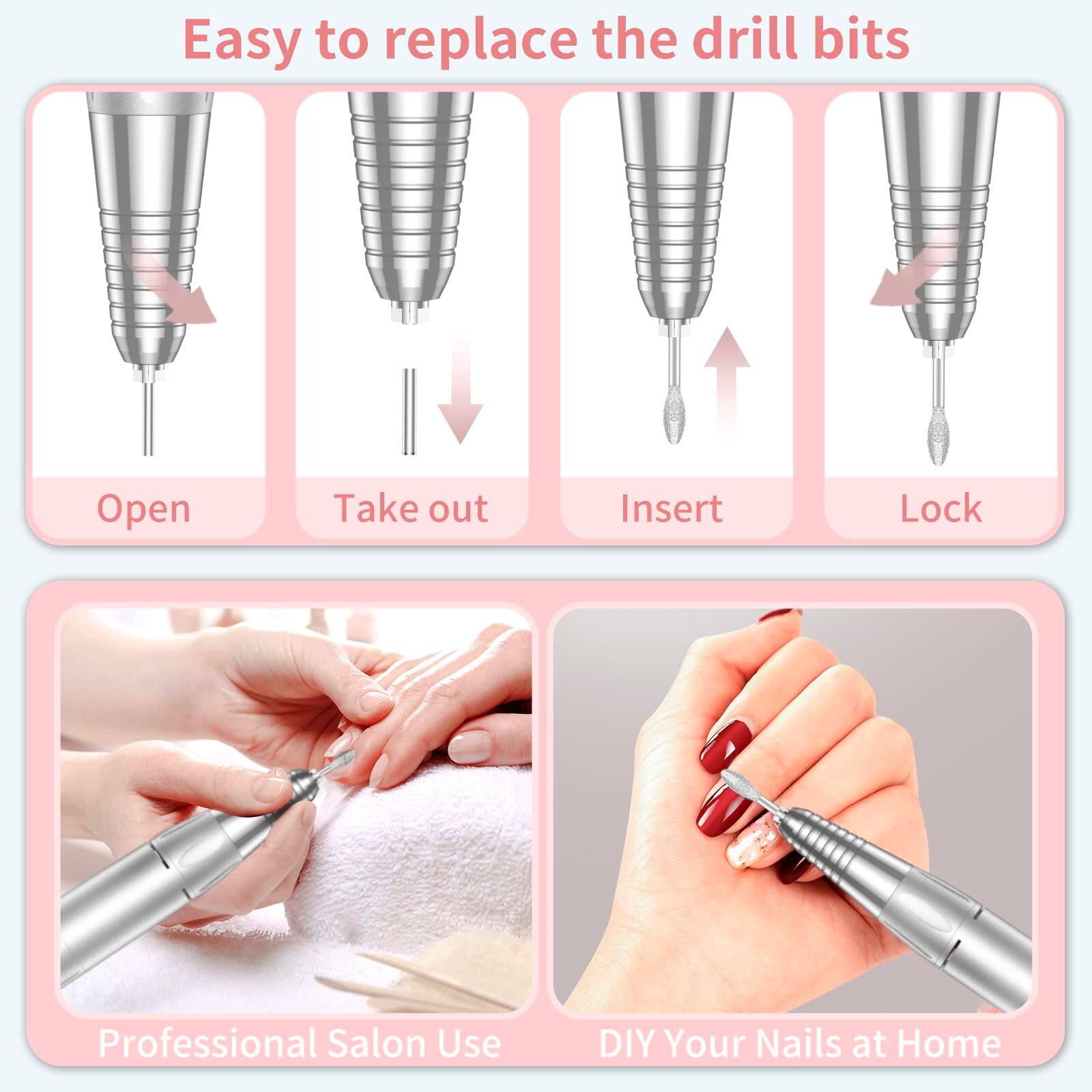 Easy to replace the drill bits

- Open
- Take out
- Insert
- Lock

Professional Salon Use

DIY Your Nails at Home