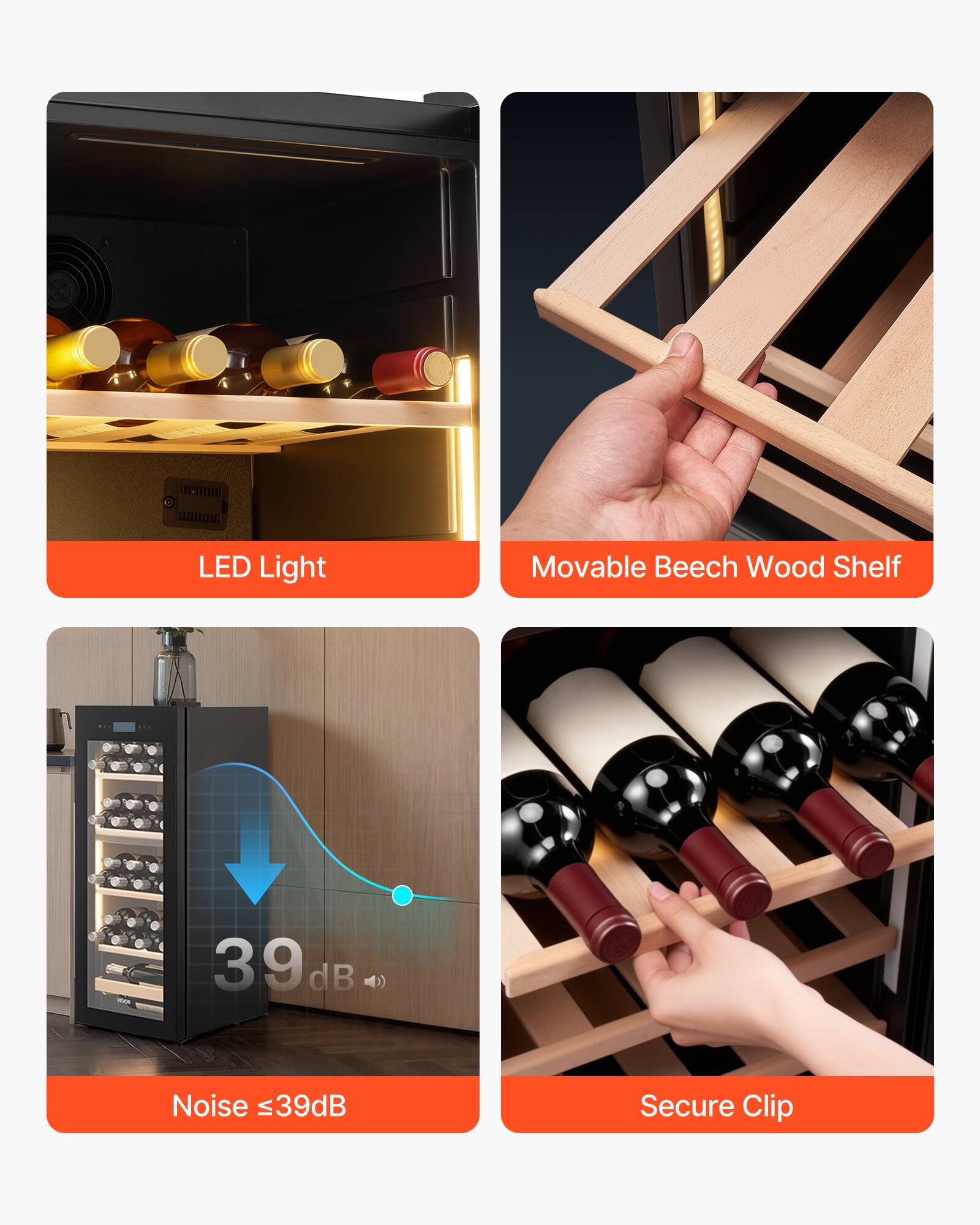 LED Light Movable Beech Wood Shelf - 39 dB Noise <39dB Secure Clip
