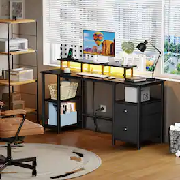 Furnulem - Computer Desk with Monitor Stand Power Outlet LED Lights Fabric Drawers Storage Shelves Gaming Desk for Home Office - Black