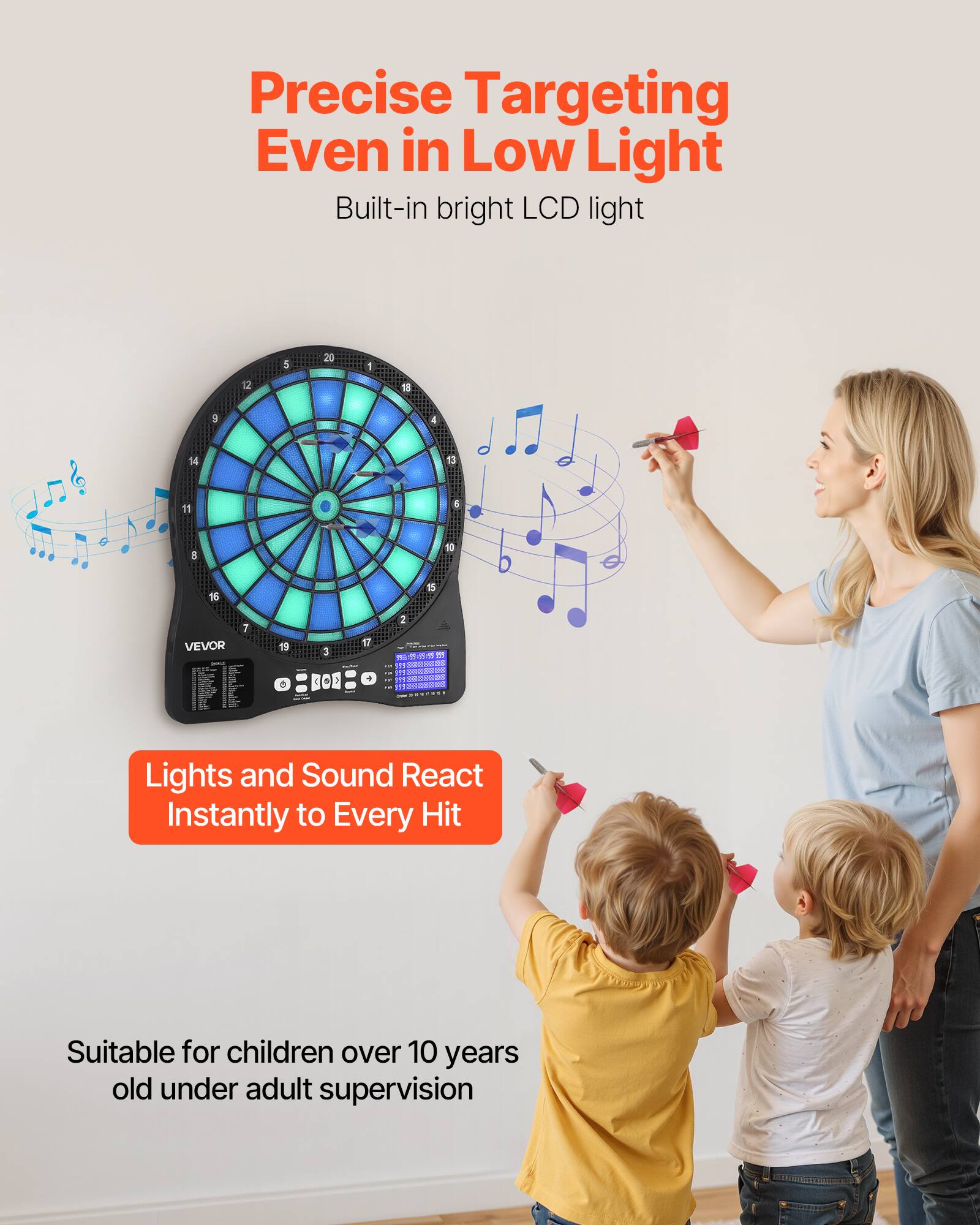 Precise Targeting Even in Low Light  
Built-in bright LCD light  

Lights and Sound React Instantly to Every Hit  

Suitable for children over 10 years old under adult supervision