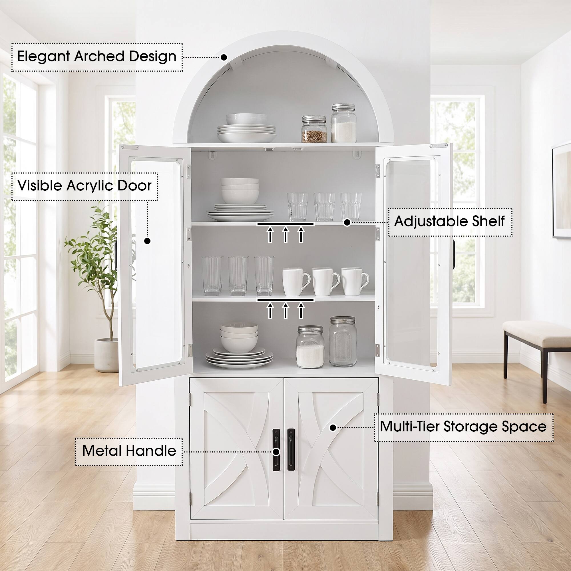 Elegant Arched Design  
Visible Acrylic Door  
Adjustable Shelf  
Metal Handle  
Multi-Tier Storage Space