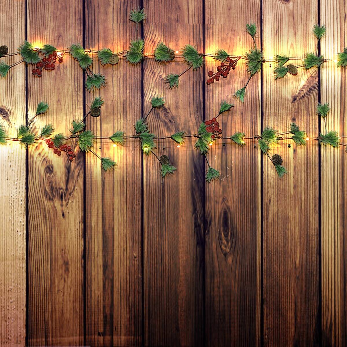 Alt View 3. Oumilen - Christmas Garland String Lights – Battery Operated Artificial Pine Garland with Red Berries & Pinecones for Xmas Decor.
