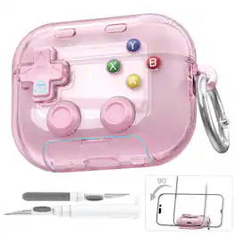 Dteck - For Apple Airpods 5th/4th Gen Funny 3D Game Button Design Shockproof Secure Lock Case With Ring Keychain+Clean Pen - Pink