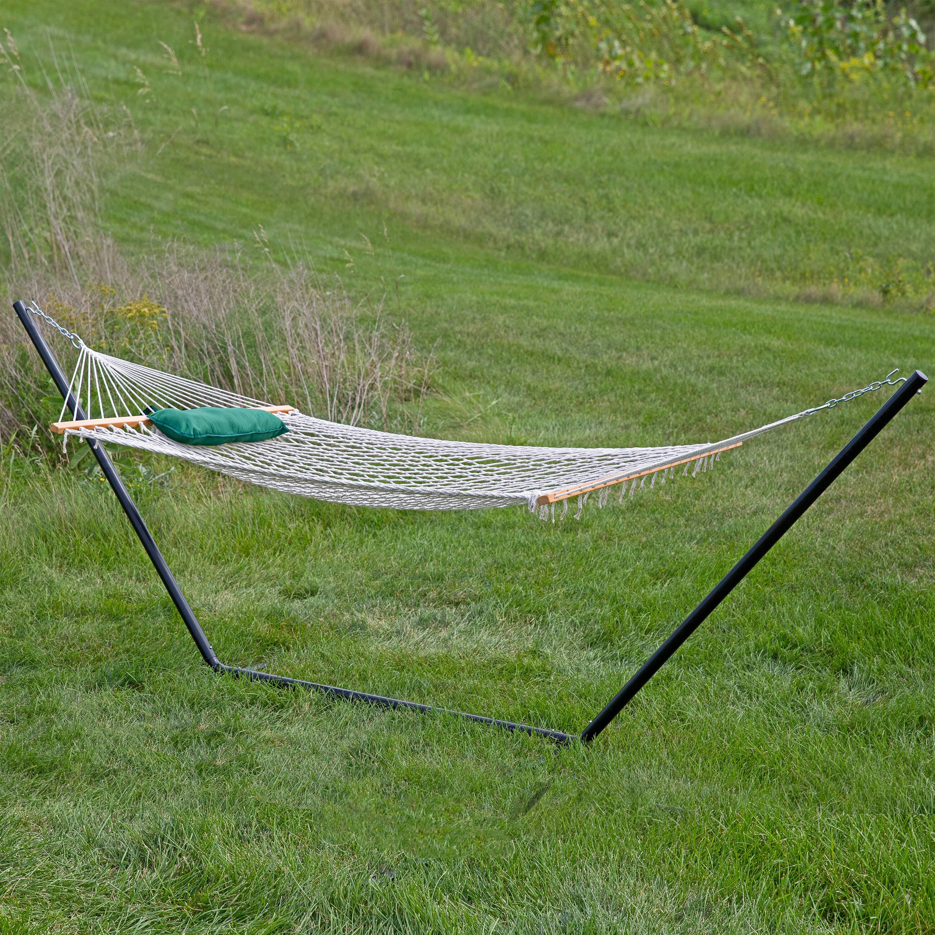 Alt View 8. Sunnydaze - Large Rope Hammock with Steel Stand and Pad/Pillow - Green and White Stripe.