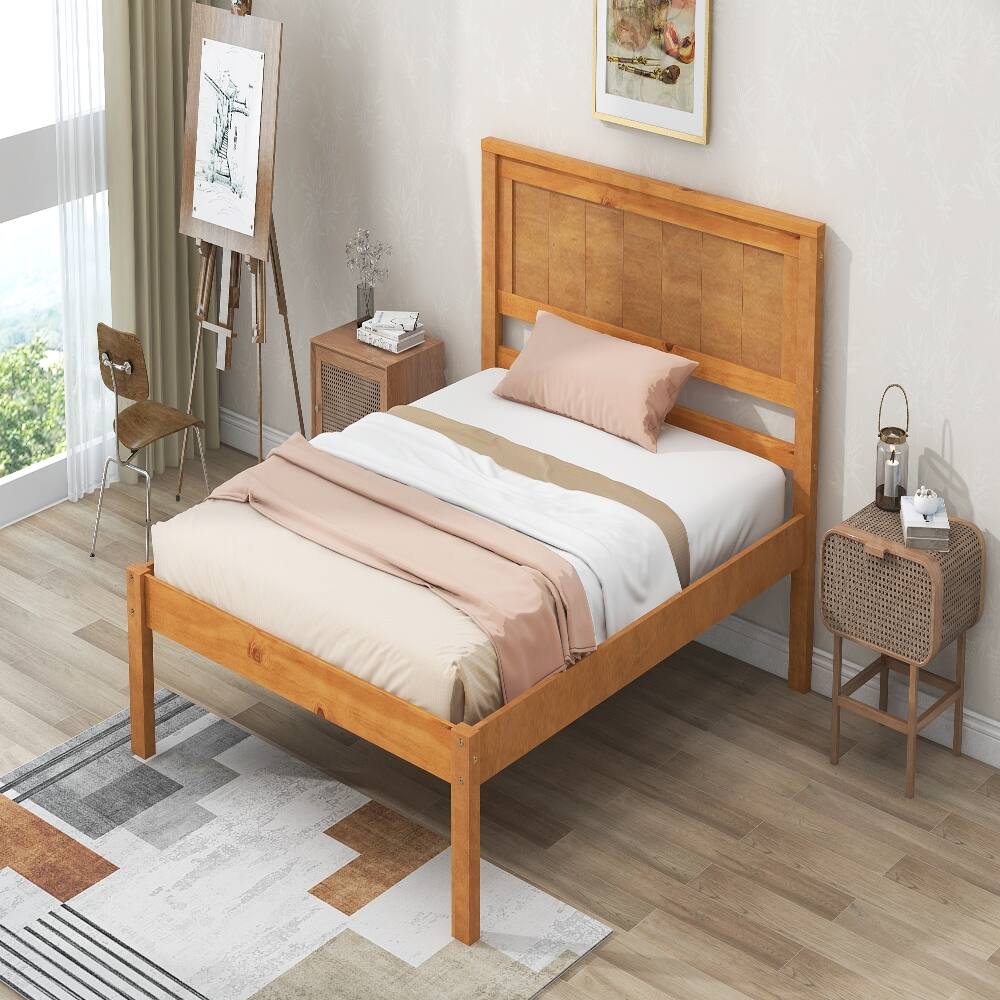 Back. Loheer - Loheer Twin Platform Bed Frame with Headboard Oak Wood Slat Support No Box Spring Needed - Oak.