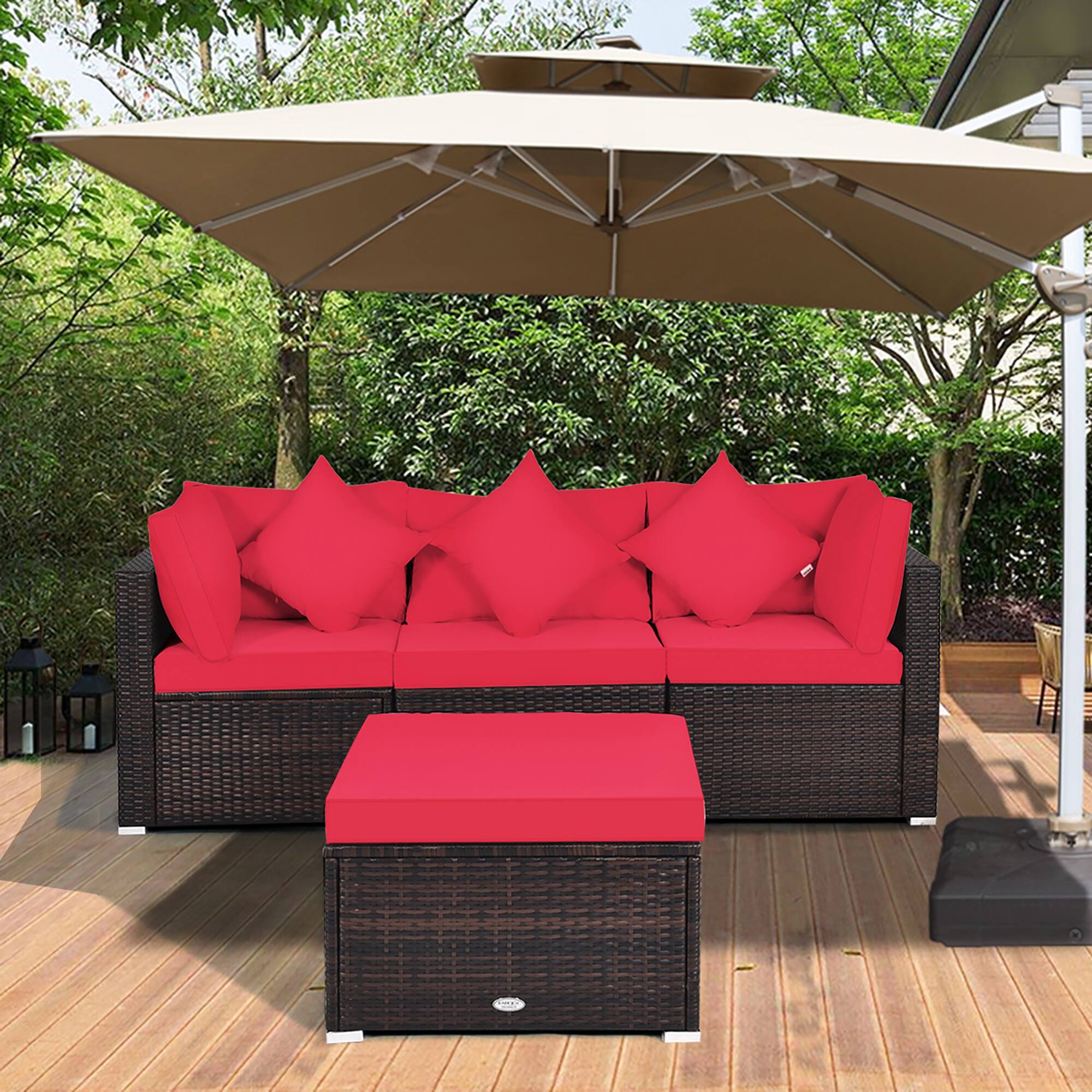 Alt View 4. Costway - 4PCS Patio Rattan Furniture Set Sofa Ottoman Cushion Garden Deck - Red.