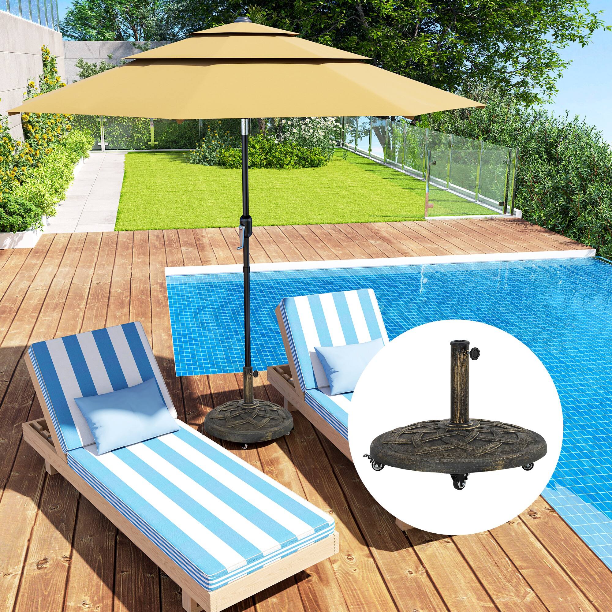 Alt View 5. Outsunny - Round Patio Umbrella Base with Wheels, 44 lbs Resin Umbrella Stand Base, Heavy Duty Patio Umbrella Holder - Bronze.