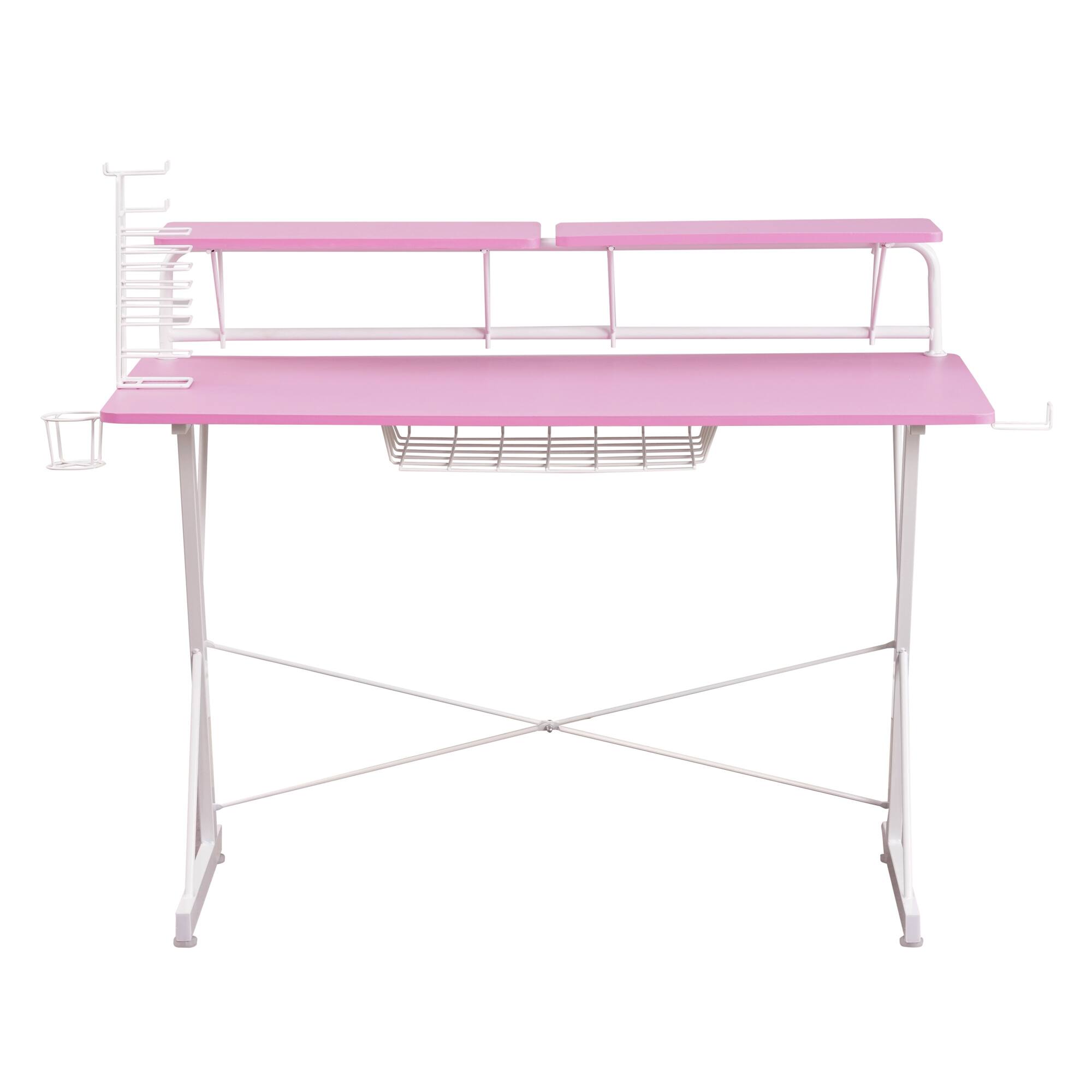 Alt View 2. GOODSILO - Premium Carbon Fiber Gaming Desk with Shelving and Dual Monitor Stands for Enhanced Gaming Experience - Pink.