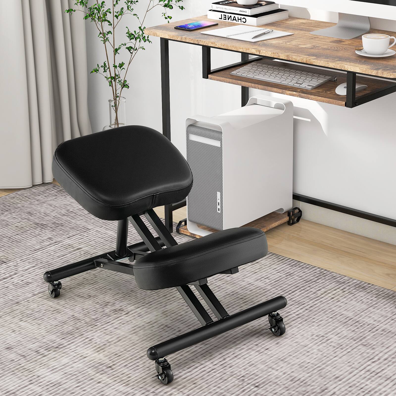 Alt View 13. Costway - Ergonomic Kneeling Adjustable Stool Chair with Lockable Universal Wheels - Black.