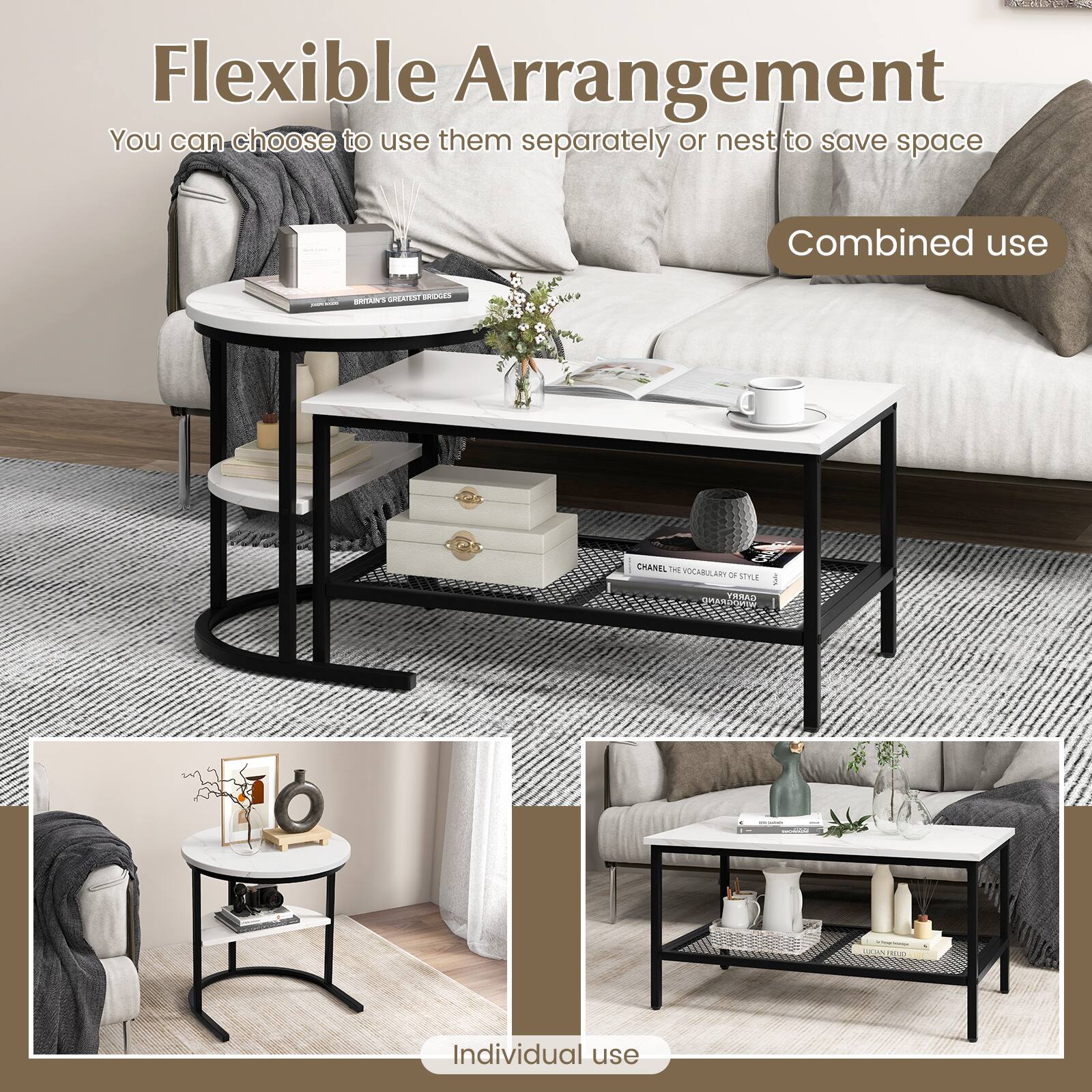 Flexible Arrangement: You can choose to use them separately or nest to save space. Combined use. Individual use.