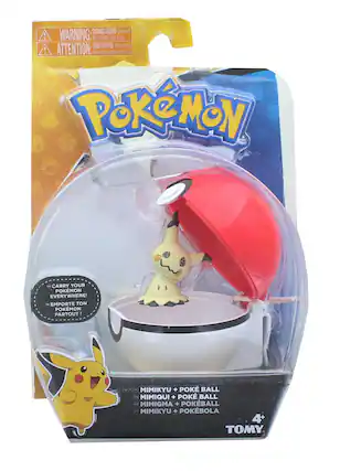 CHOKING HAZARD - Small parts! WARNING: Not for children under 3 years. ATTENTION: Risque d'asphyxie - Ne convient pas aux enfants de moins de 3 ans. CARRY YOUR POKÉMON EVERYWHERE! EMPORTTE TON POKÉMON PARTOUT! MIMIKYU + POKÉ BALL MIMIQUI + POKÉ BALL DE MIMIGMA + POKÉBALL MIMIKYU + POKÉBOLA 4+ TOMY.