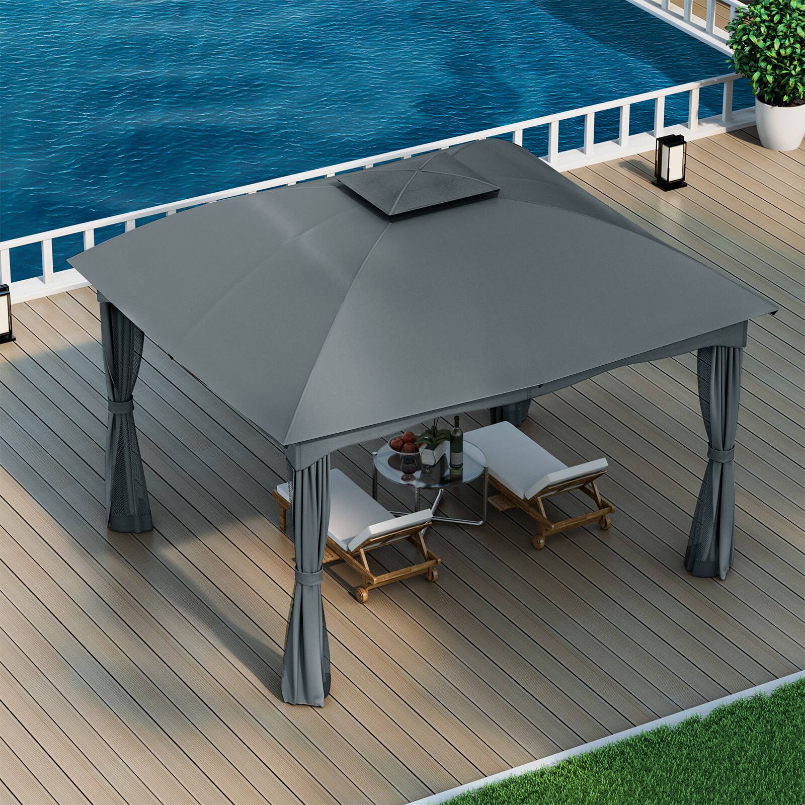 Alt View 7. Sugift - 12 x 10 Feet Canopy Double Vented Heavy Duty Steel Gazebo - Grey.