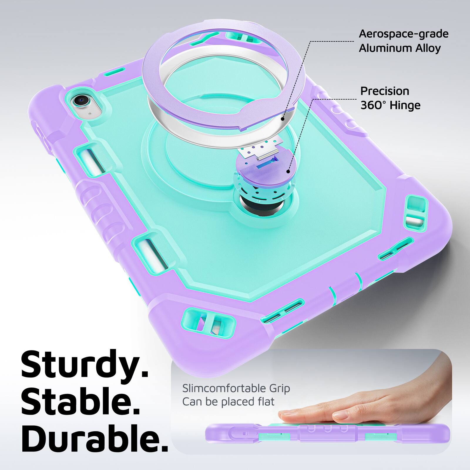 Aerospace-grade Aluminum Alloy Precision 360° Hinge. Sturdy. Slimcomfortable Grip. Stable. Can be placed flat. Durable.