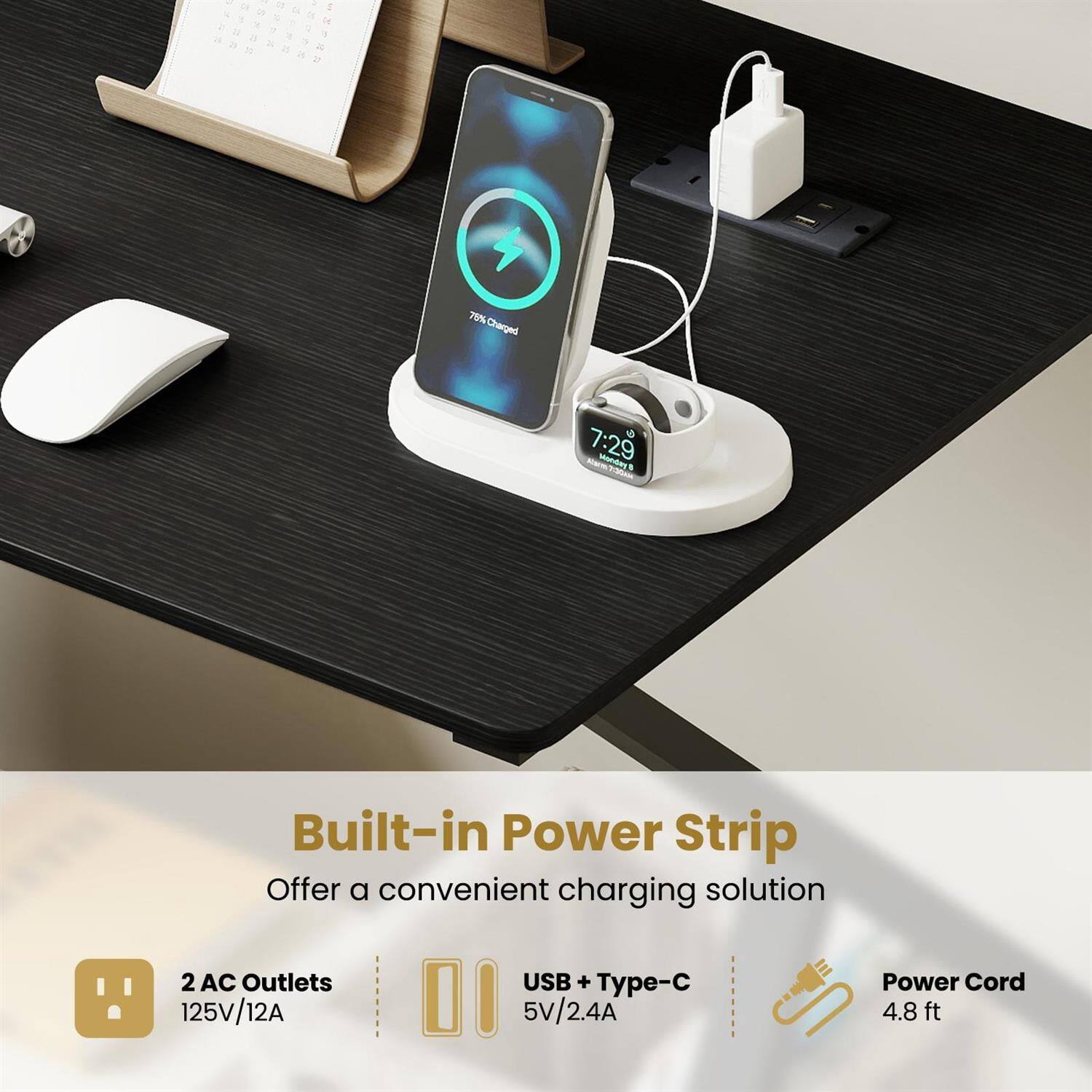 - 76% Charged & 7:29
- Built-in Power Strip
  - Offer a convenient charging solution
  - 2 AC Outlets
    - 125V/12A
  - USB + Type-C
    - 5V/2.4A
  - Power Cord
    - 4.8 ft