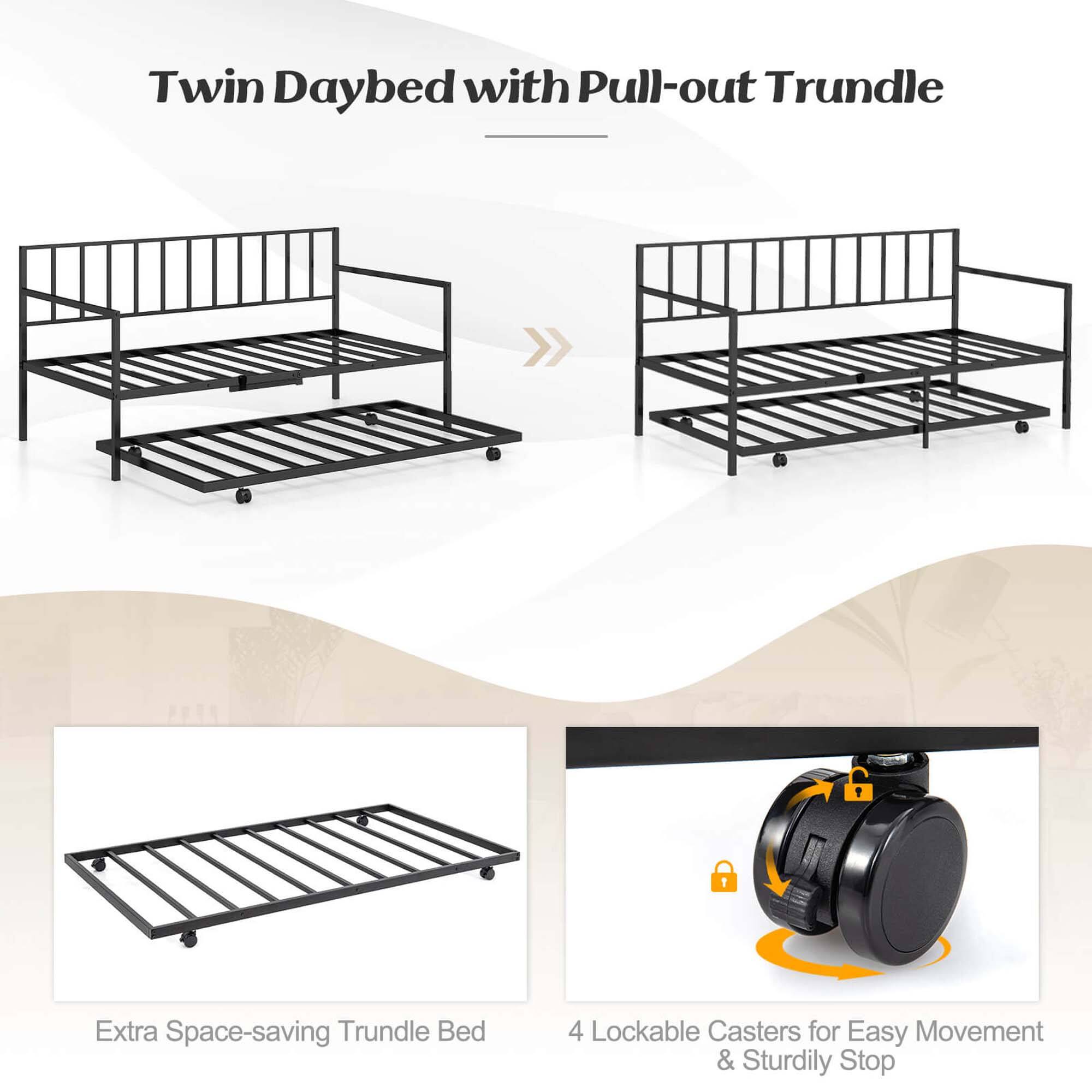 Twin Daybed with Pull-out Trundle: Extra Space-saving Trundle Bed, 4 Lockable Casters for Easy Movement & Sturdily Stop.