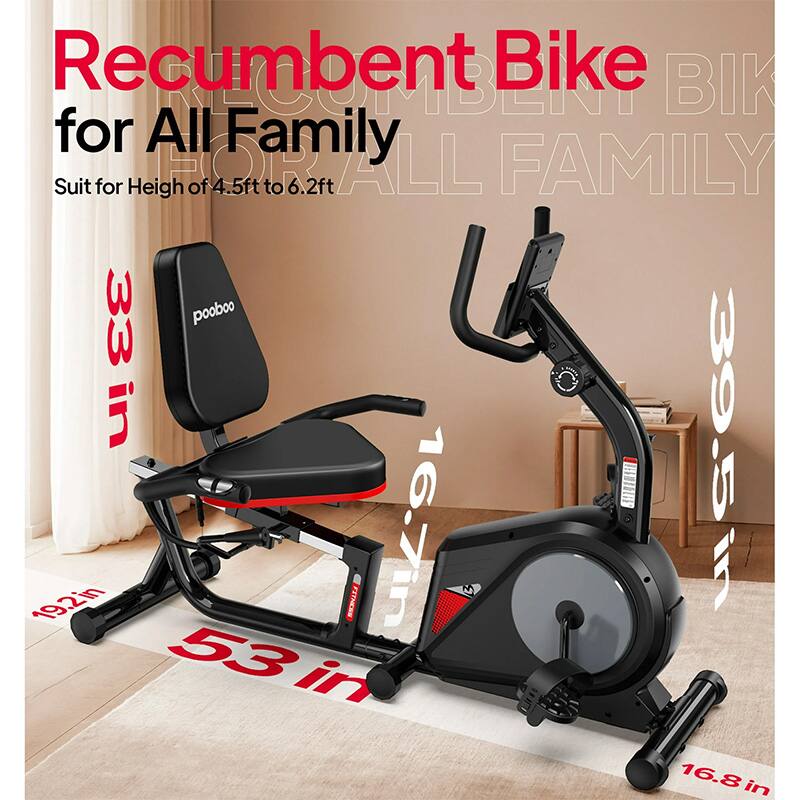 Recumbent Bike for All Family  
Suit for Height of 4.5ft to 6.2ft  

- 33 in  
- 39.5 in  
- 19.2 in  
- 53 in  
- 16.7 in  
- 16.8 in