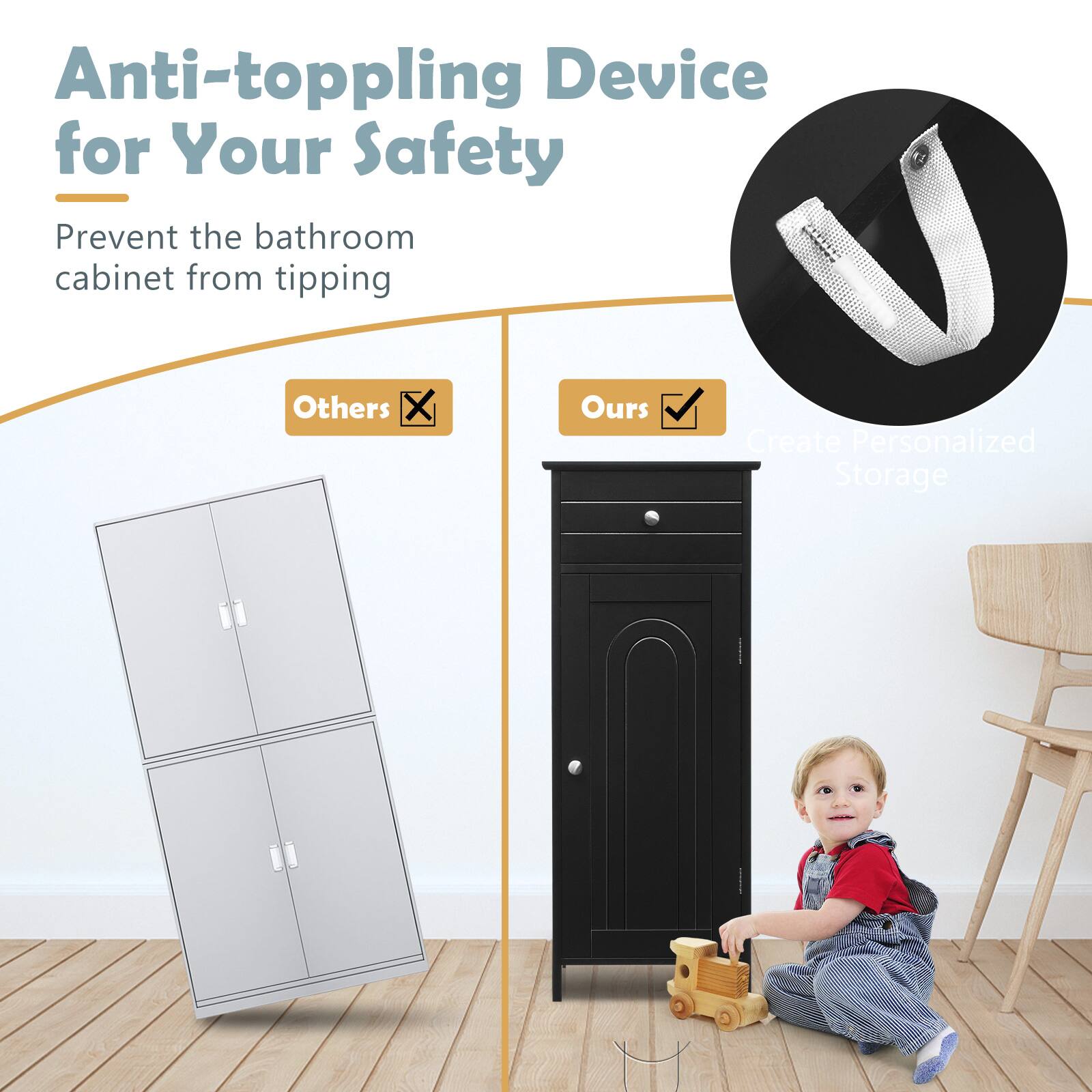 Anti-toppling Device for Your Safety, Prevent the bathroom cabinet from tipping, Others, Ours, Create Personalized Storage