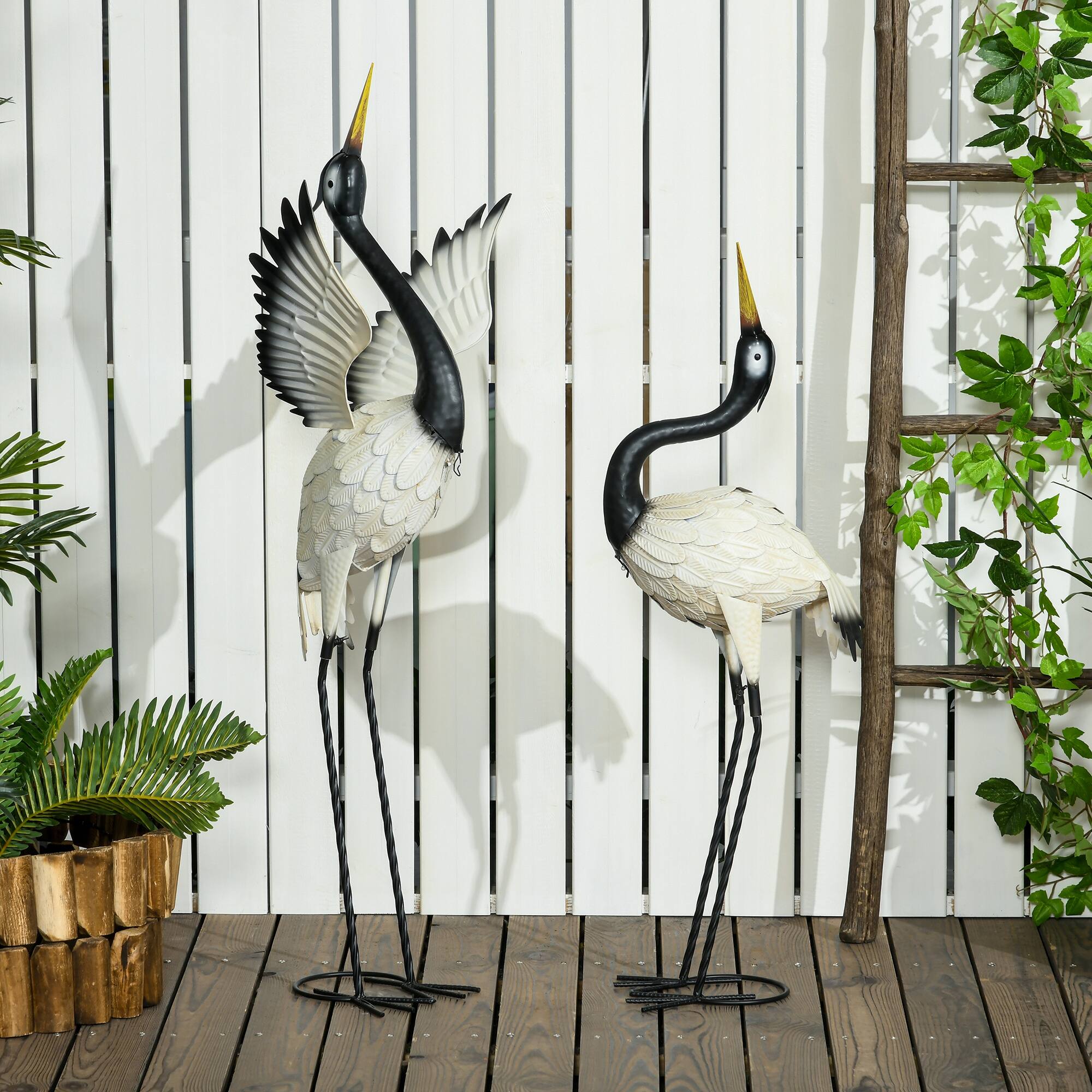 Alt View 1. Outsunny - of 2 Garden Sculptures, Heron Garden Statues for Lawn, Patio, Backyard Decoration, 35.5" & 40.5" - White, Black.