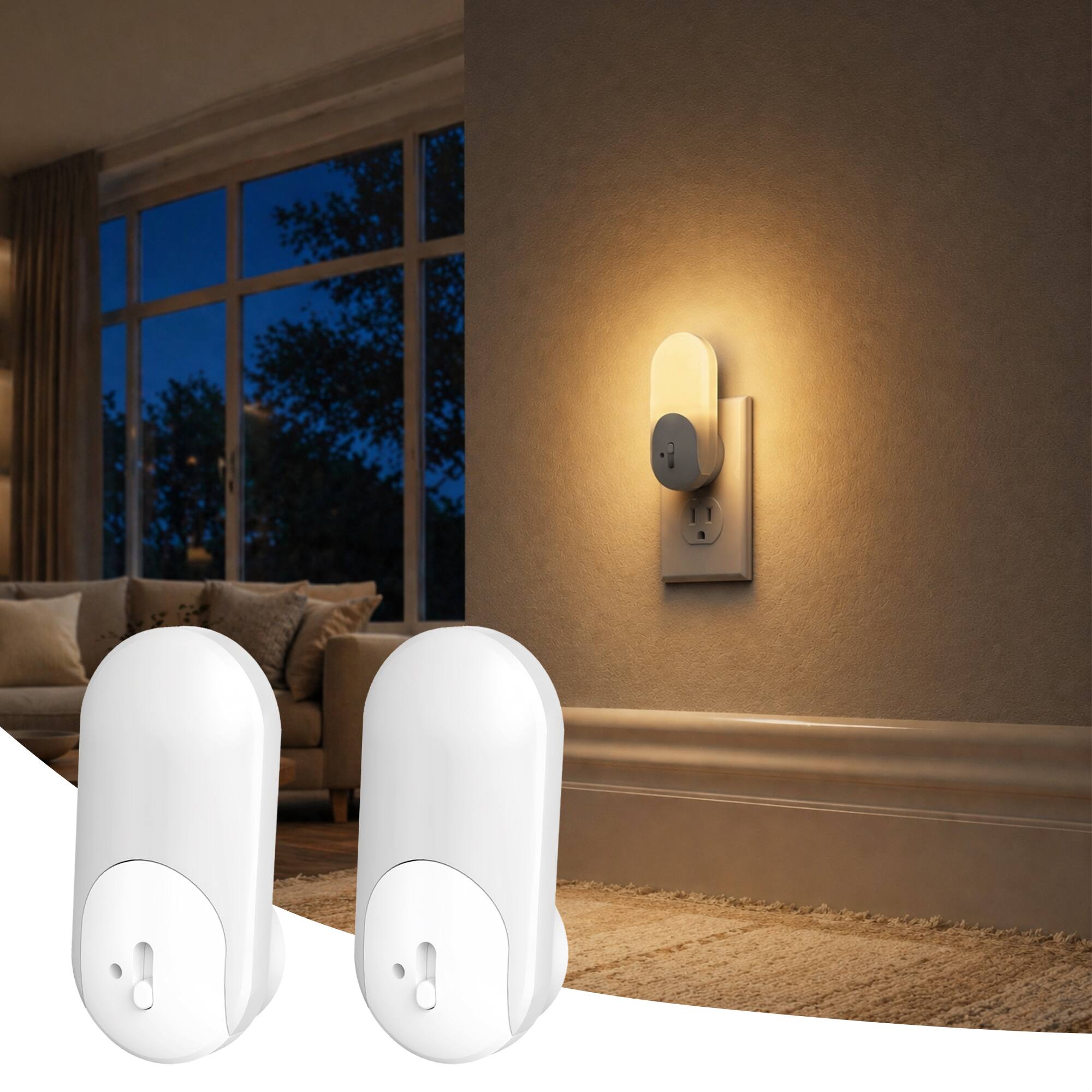 Angle. Jandcase - JANDCASE 2-Pack 0.3W  Plug-in Night Light, 3000K Warm Glow, Oval/Racetrack Design,  10-100%, Dusk-to-Dawn Sensor - White.