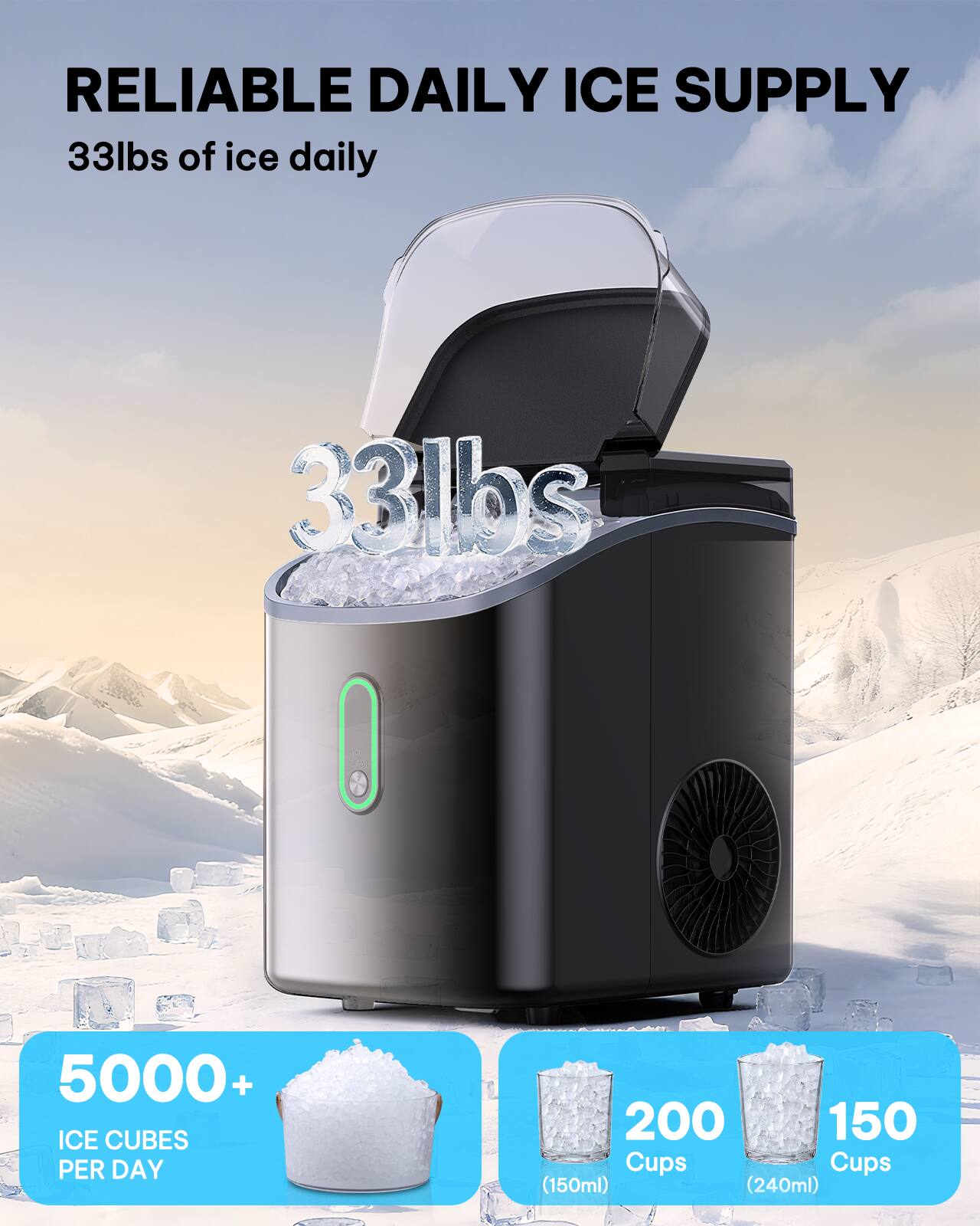 RELIABLE DAILY ICE SUPPLY  
33lbs of ice daily  

33lbs  

5000+ ICE CUBES PER DAY  

200 Cups (150ml)  
150 Cups (240ml)