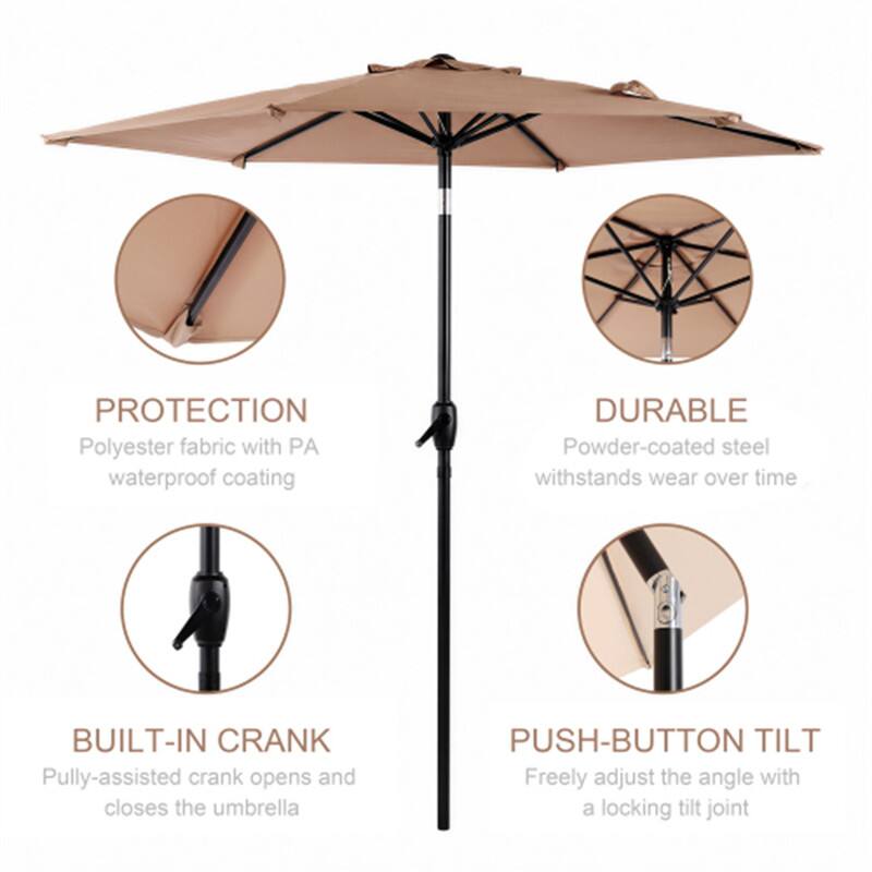 - PROTECTION: Polyester fabric with PA waterproof coating
- DURABLE: Powder-coated steel withstands wear over time
- BUILT-IN CRANK: Pulley-assisted crank opens and closes the umbrella
- PUSH-BUTTON TILT: Freely adjust the angle with a locking tilt joint