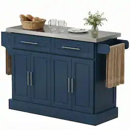 Homcom - Kitchen Island with Stainless Steel Top, 2 Drawers, Spice, Knife and Towel Rack and Cabinets - Blue
