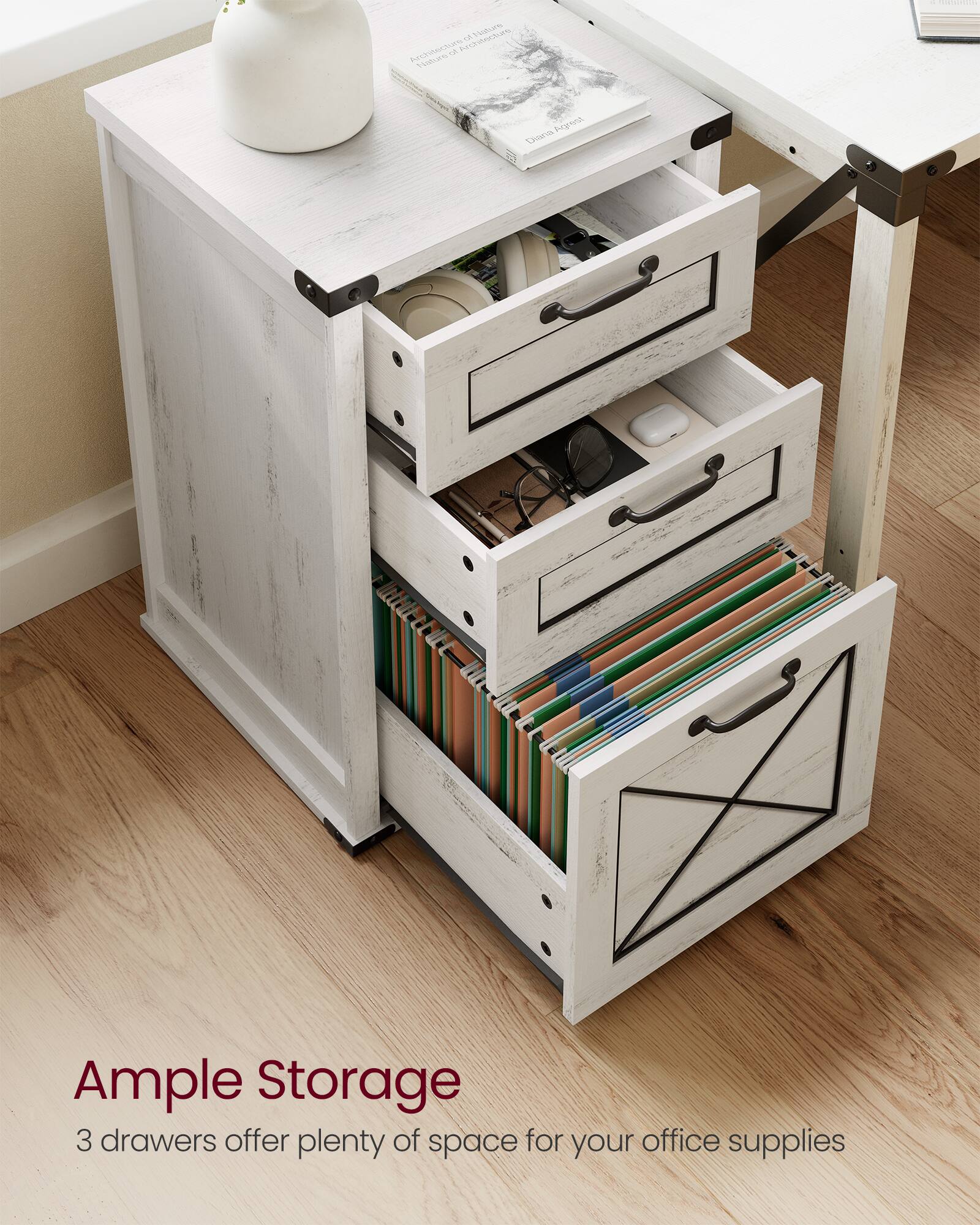 Ample Storage  
3 drawers offer plenty of space for your office supplies