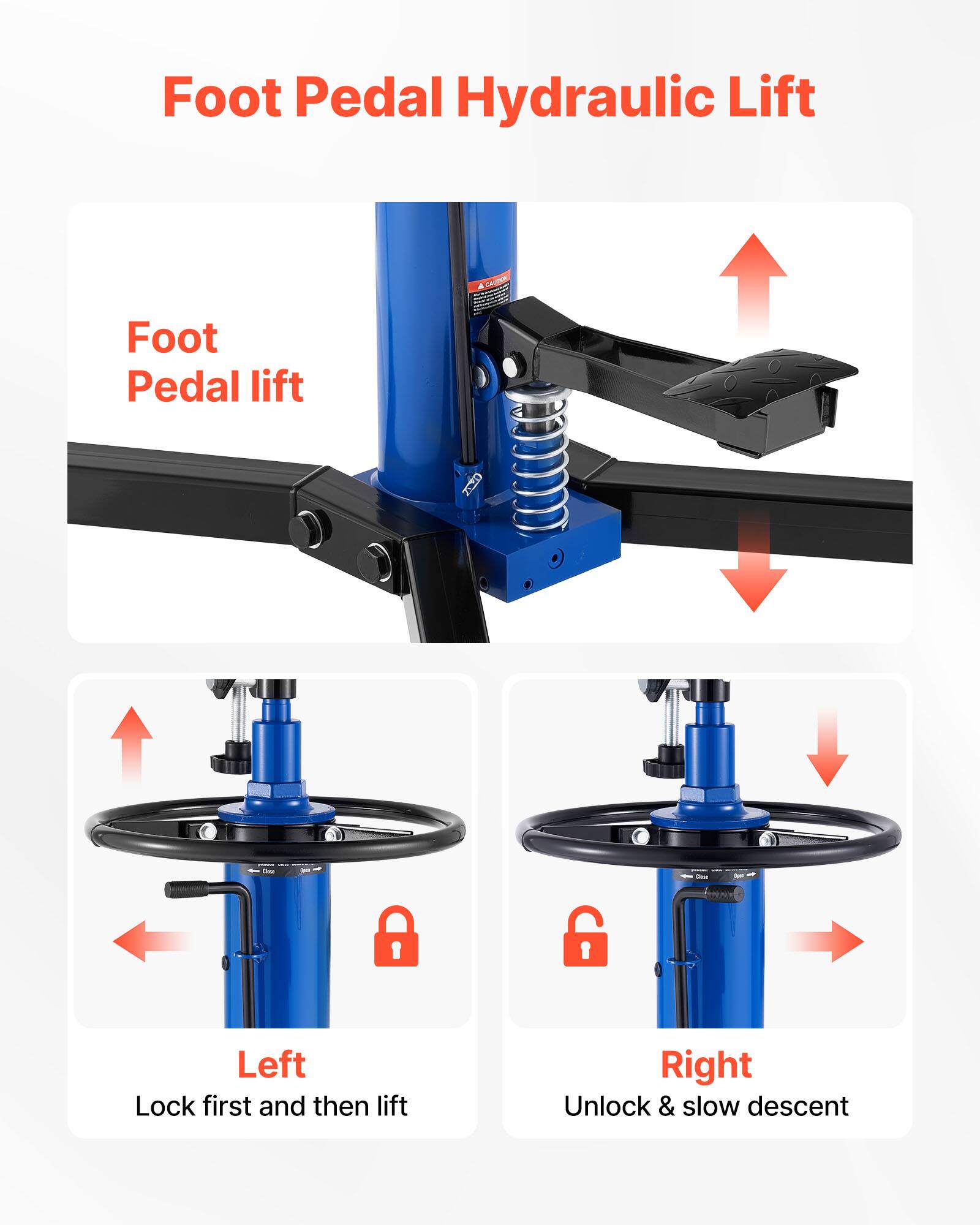 Foot Pedal Hydraulic Lift

Foot Pedal lift

Left
Lock first and then lift

Right
Unlock & slow descent