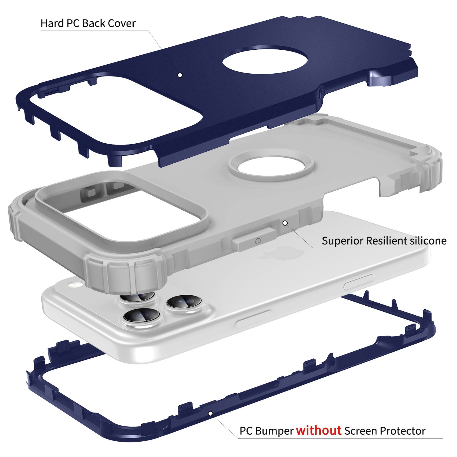 Hard PC Back Cover  
Superior Resilient silicone  
PC Bumper without Screen Protector