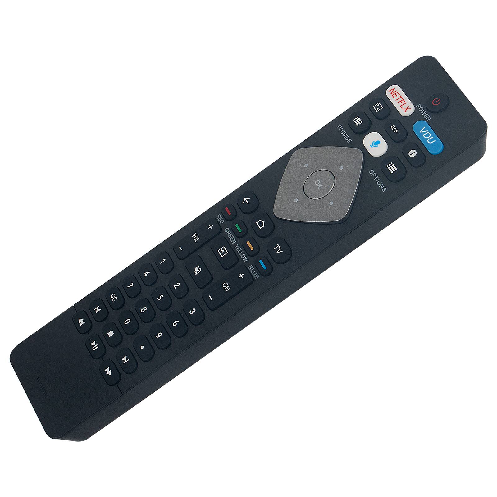 7 8 9 0 - I I  I - 4 2 5 0 9 6 . RED + I VOL GREEN I  YELLOW  BLUE + CH I 3 TV NETFLIX POWER  TV BAP TVGUIDE VDU -I OK OPTIONS .