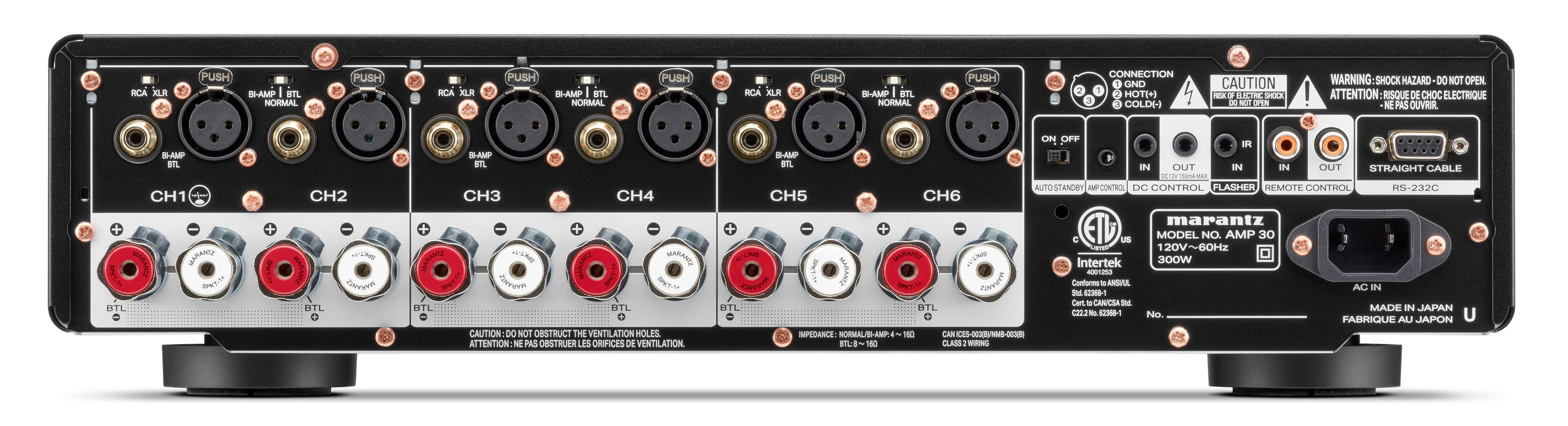 RCA XLR PUSH  
B-AMP I RTL NORMAL PUSH  
RCA XLR PUSH  
BI-AMP I RTL NORMAL PUSH  

CONNECTION  
O GND  
1 HOTE  
D COLD  

CAUTION  
HIX D IC SHOCK  
D - SPN WARNING SHOCK HAZARD  
DO NOT OPEN  
ATTENTION RISQUE DE CHOC ELECTRIQUE  
NE PAS OUVRIR  

S-AMP BTL  
CH1  
NALLECE  
MARANCE  
wil  
INT OIE  
CH2  
WING  
ToncR  
TL  
W-AMP  
STL  
H  
CH4  
MAAED  
wike  
S  
O  
TE  
OTI  
CAUTION  
DO NOT OBSTRUCT THE VENTILATION HOLES  
ATTENTION - PAS ORE RUER LPS ORIFICES DE VENTILATION  

S-AMP  
CH5  
CAere  
OTI  
IMPEDANCE NORMAL/B  
BL  
180  
ON OFF  
IR IN OUT  
IN IN OUT  
STRAIGHT CABLE  
O IOA  
MA  
AUTOSTANDRY  
IMP CONTROL  
DC CONTROL  
FLASHER  
REMOTE CONTROL  
RS-232C  

CH