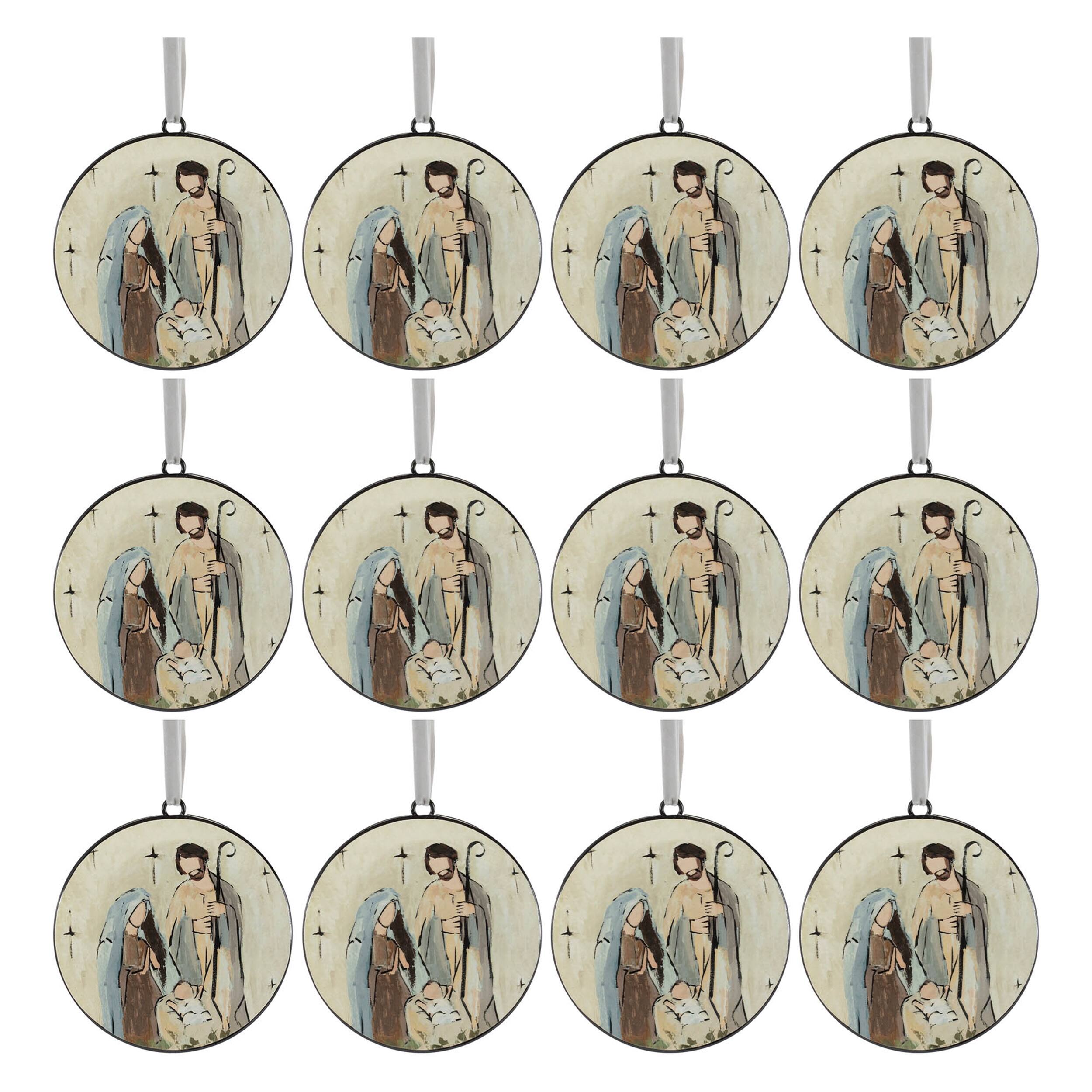 Alt View 2. BreeBe - Holy Family Disc Ornament (Set of 12) - Beige, Brown, Blue.