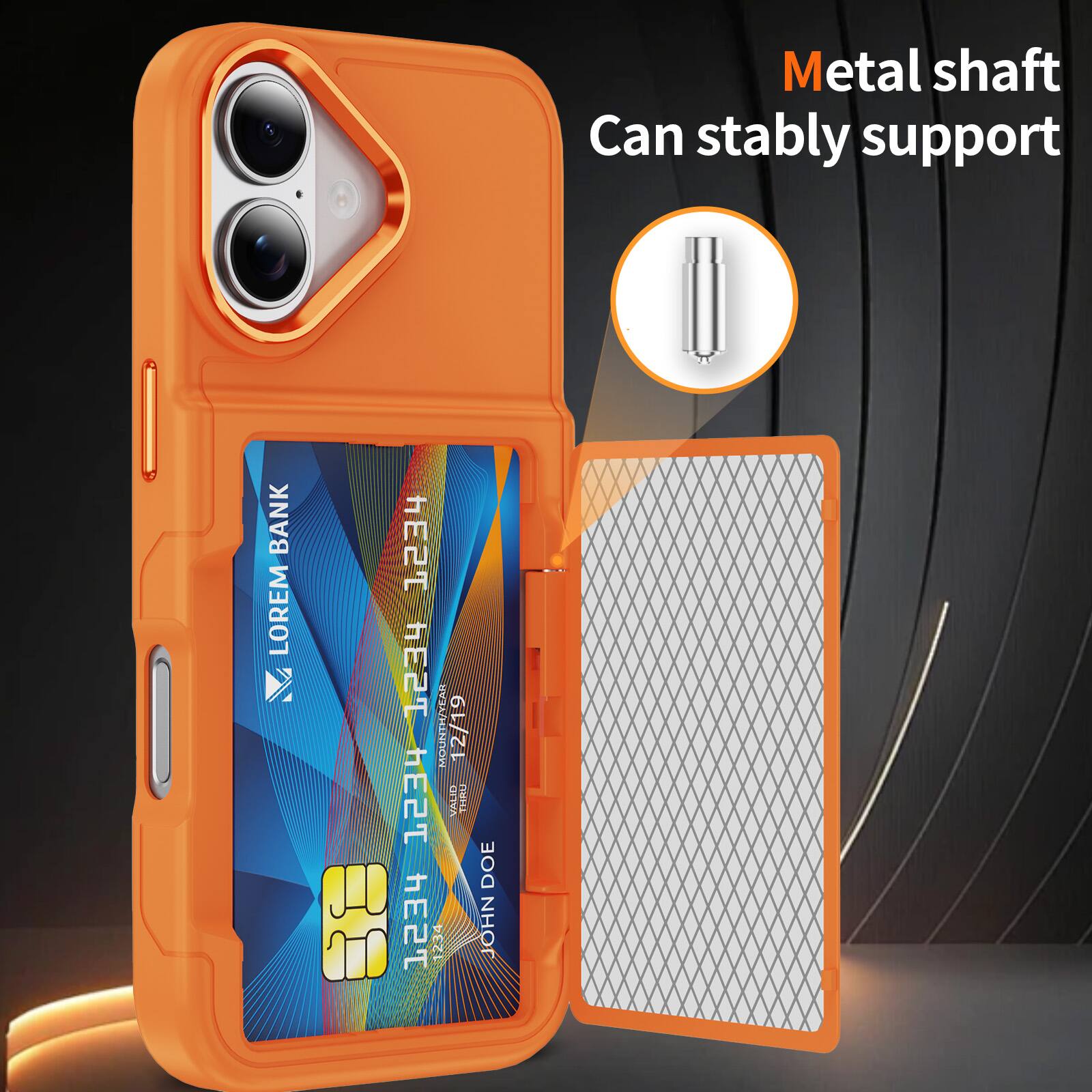 Metal shaft  
Can stably support  

LOREM BANK  
VALID THRU 12/19  
1234 5678 9012 3456  
JOHN DOE