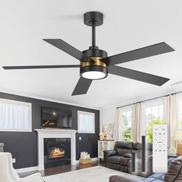 Breezary - 52-In Indoor Ceiling Fan with Led Light, 5 Plywood Blades, 6-Speed DC Motor, Remote, Timer with Memory, 5/10'' Downrods - Black/Gold