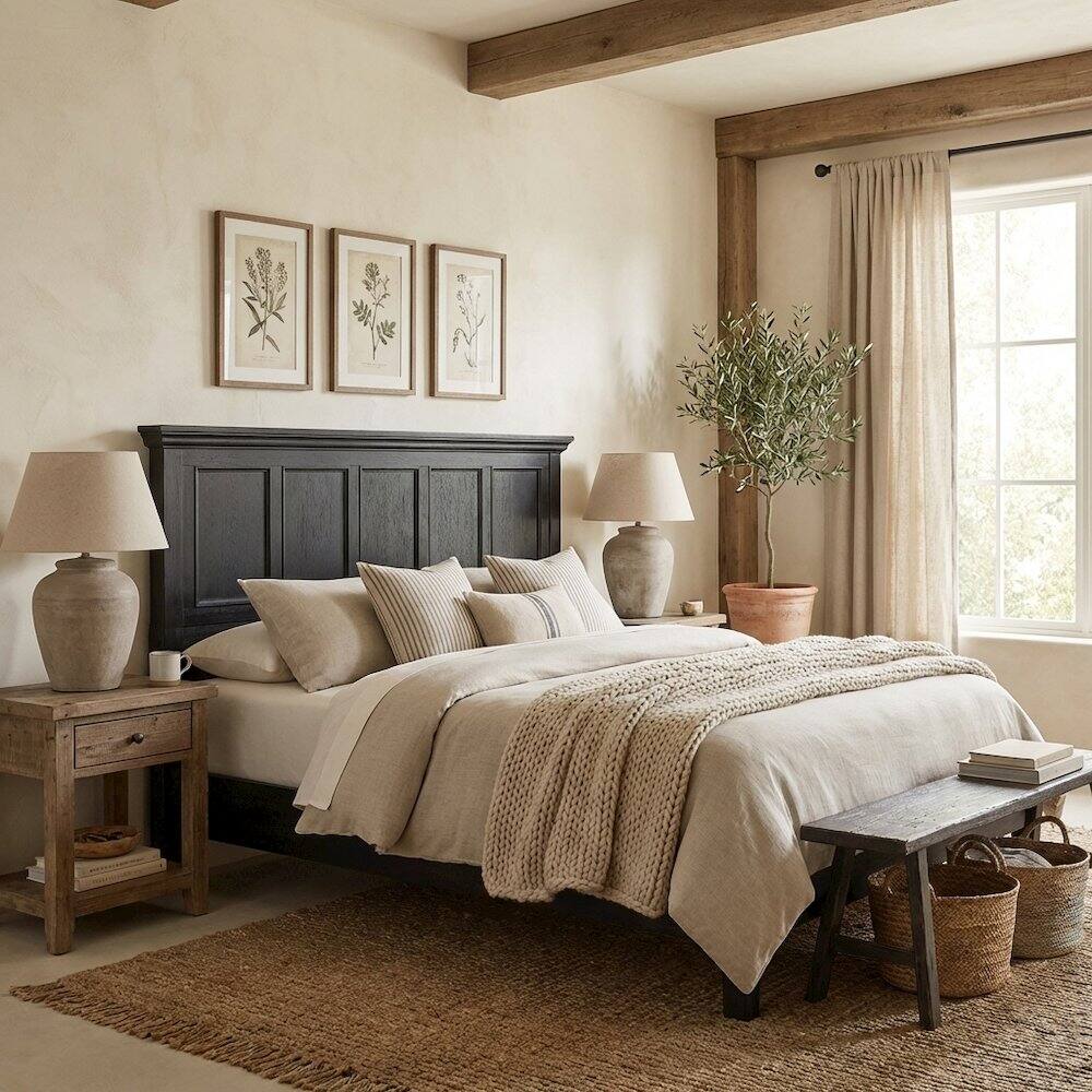 Left. FurniFact - Rustic Black King Bed Headboard, Mahogany, Steel Frame for Farmhouse Décor - Black.