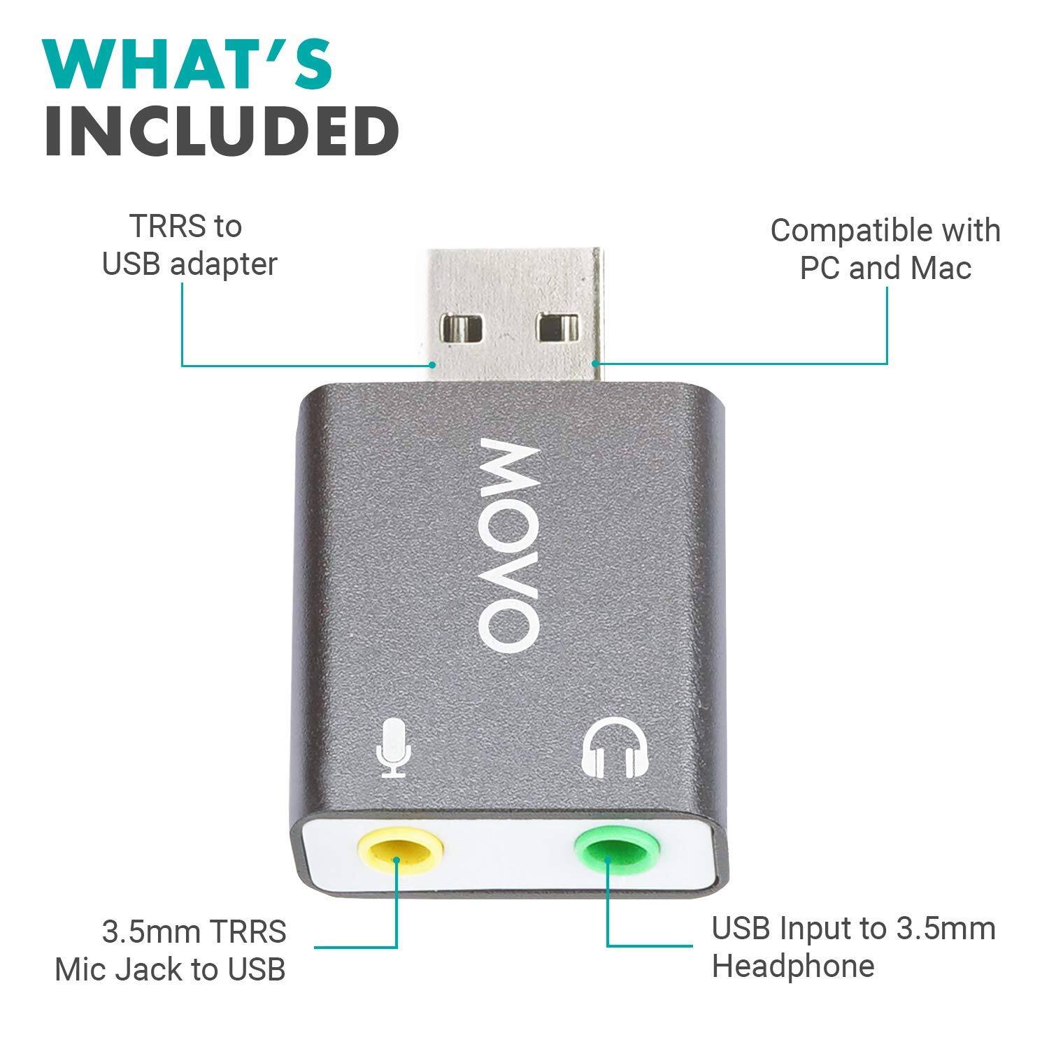 **WHAT'S INCLUDED**

- TRRS to USB adapter
- Compatible with PC and Mac
- 3.5mm TRRS Mic Jack to USB
- USB Input to 3.5mm Headphone
