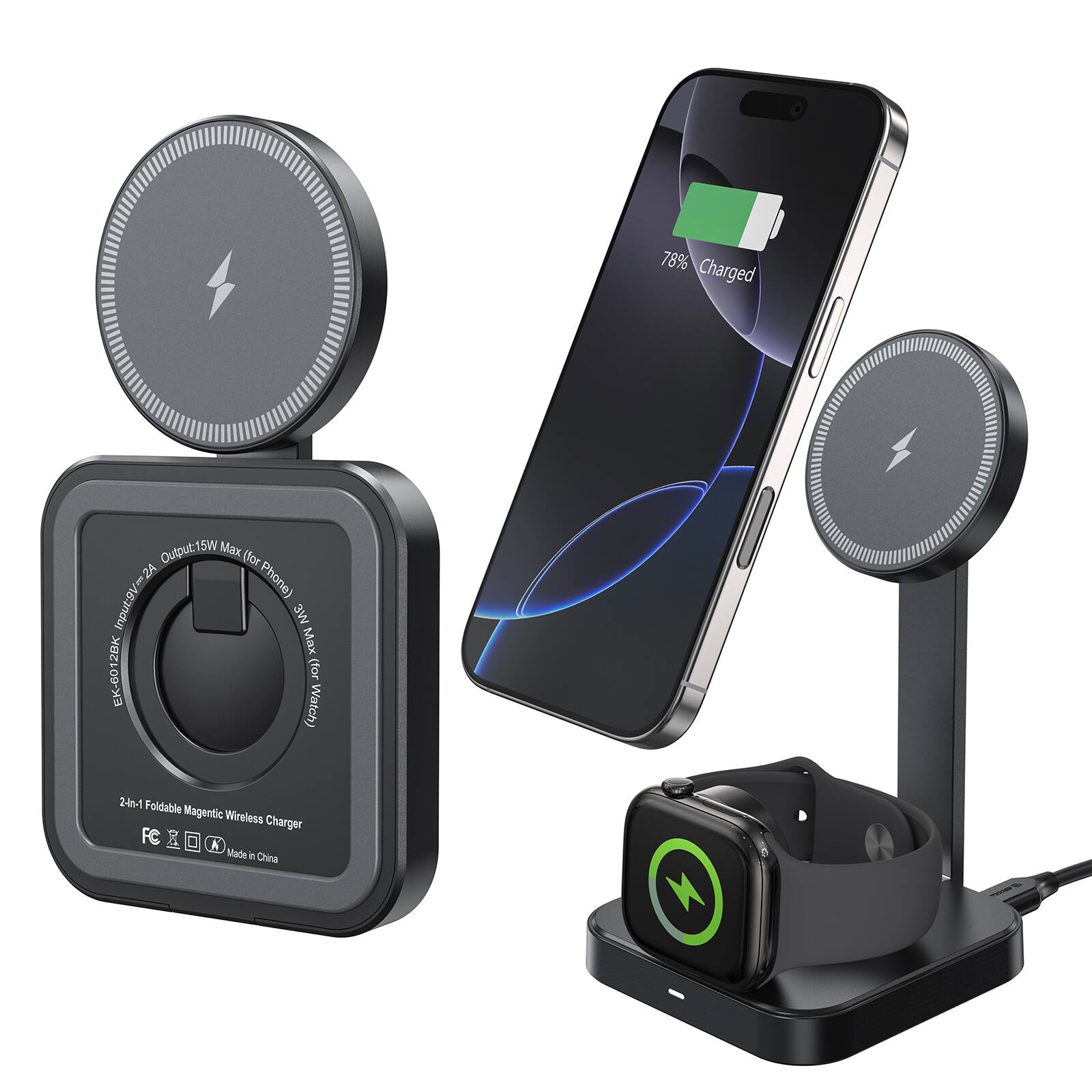 Output 15W Max (for Phone) 3A Max (for Watch) 2-in-1 Foldable Magnetic Wireless Charger FC Made in China