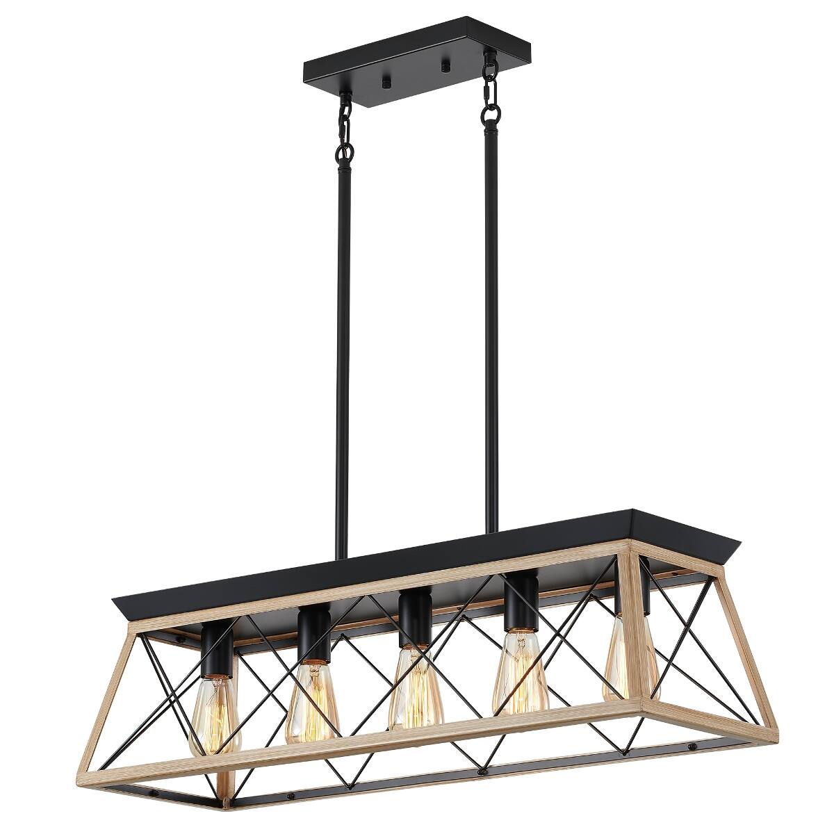 Alt View 10. Loheer - Loheer 5 Light Farmhouse Chandelier Rustic Wood and Metal Rectangular Dining Room Pendant.