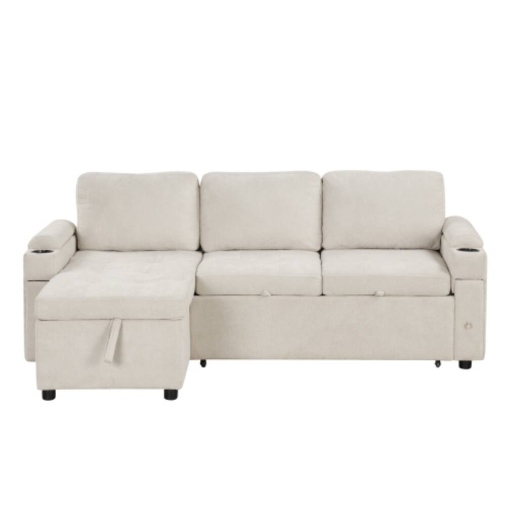 Alt View 5. LUCKY ONE - 83.5" L-Shaped Convertible Sofa Bed w/ Storage Cup Holders USB Ports Chaise - Beige.