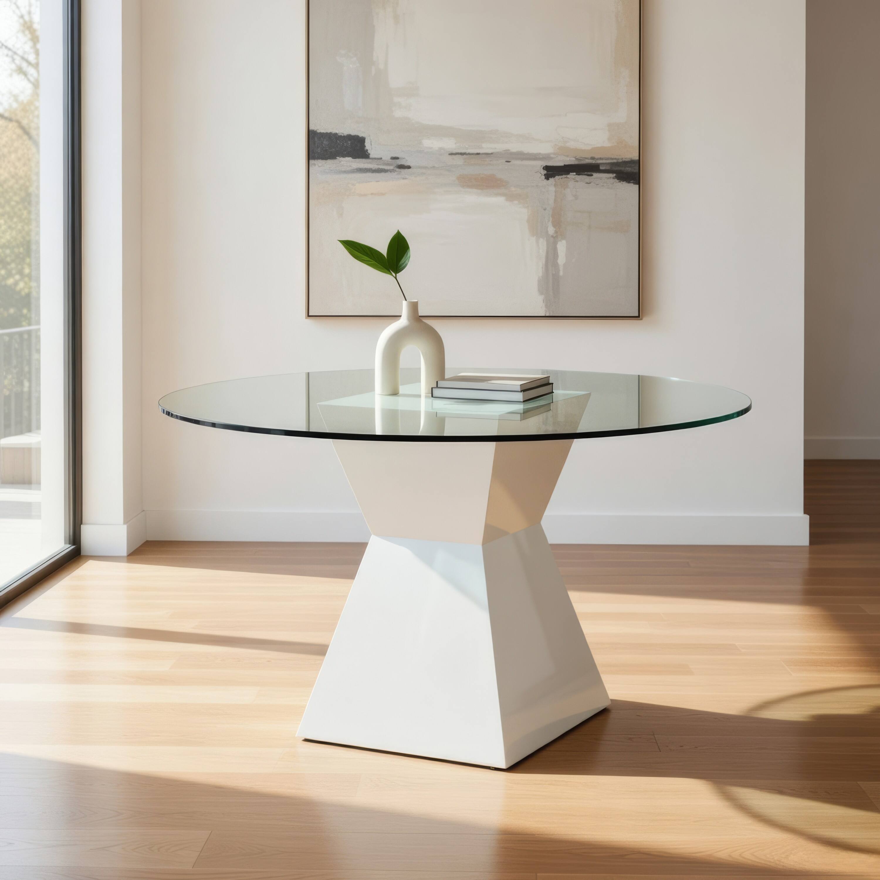 Alt View 7. Manhattan Lane - Contemporary Round Glass Dining Table with Square Pedestal Base - White.