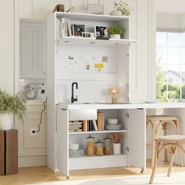 Forest'nSky - 69" Tall Kitchen Pantry Cabinet with Hutch, Foldable Workstation & Power Outlet - White